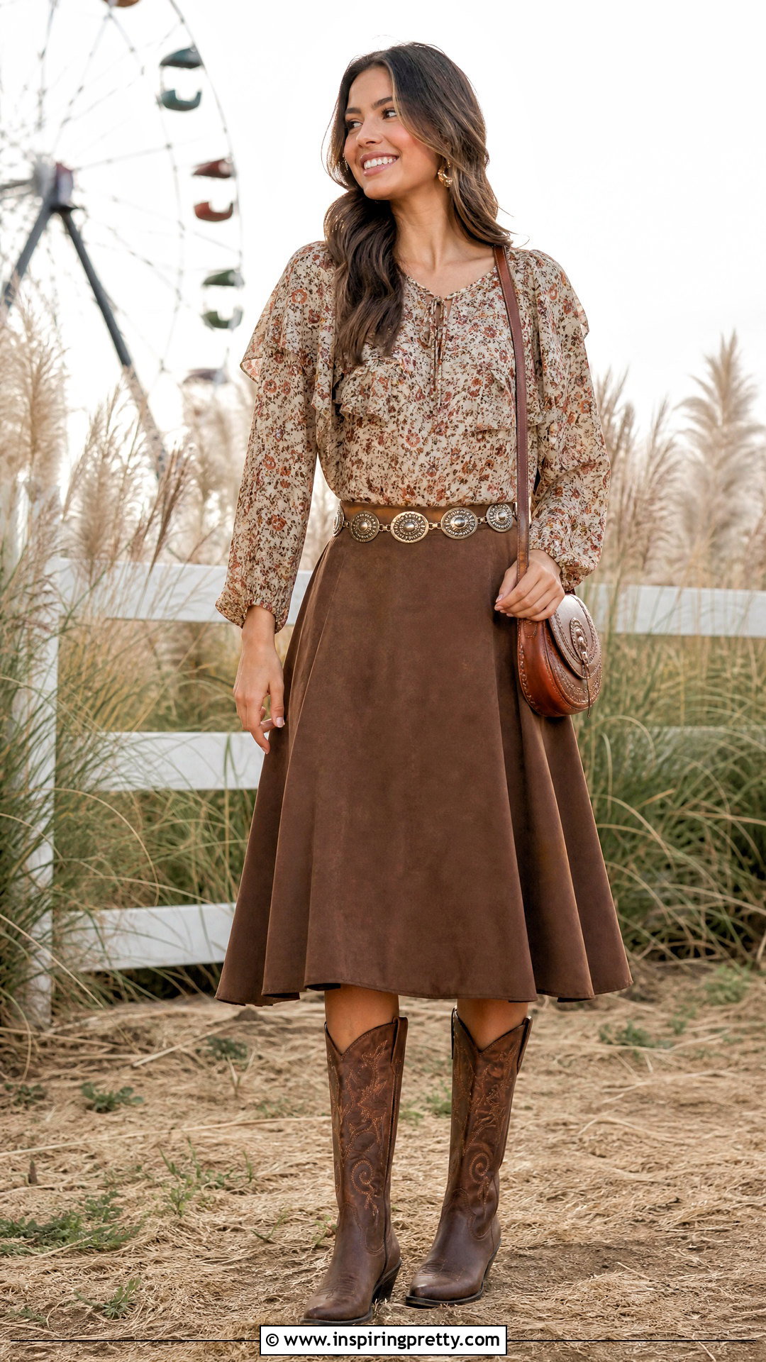 Floral Cowgirl Top With Brown Midi Skirt - 25 Cowgirl Top Ideas