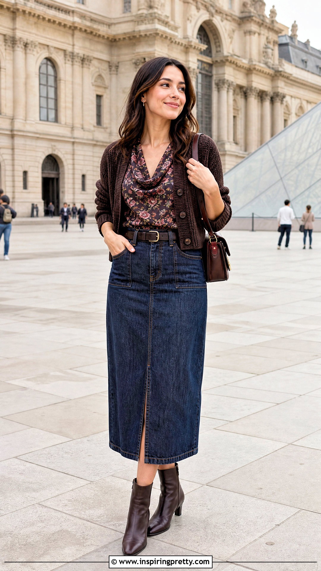 Floral Cowl Neck Top With Denim Midi Skirt - 50 cowl neck top outfit ideas