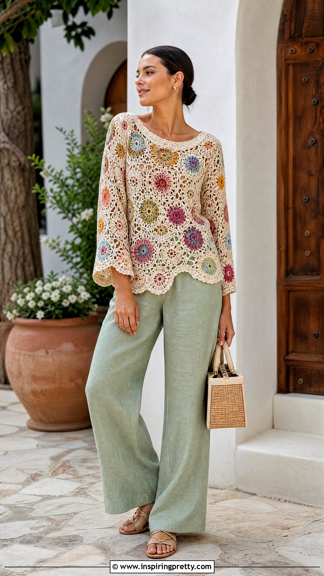 Floral Crochet Cover Up Top With Linen Pants - 50 crochet cover up top outfit ideas