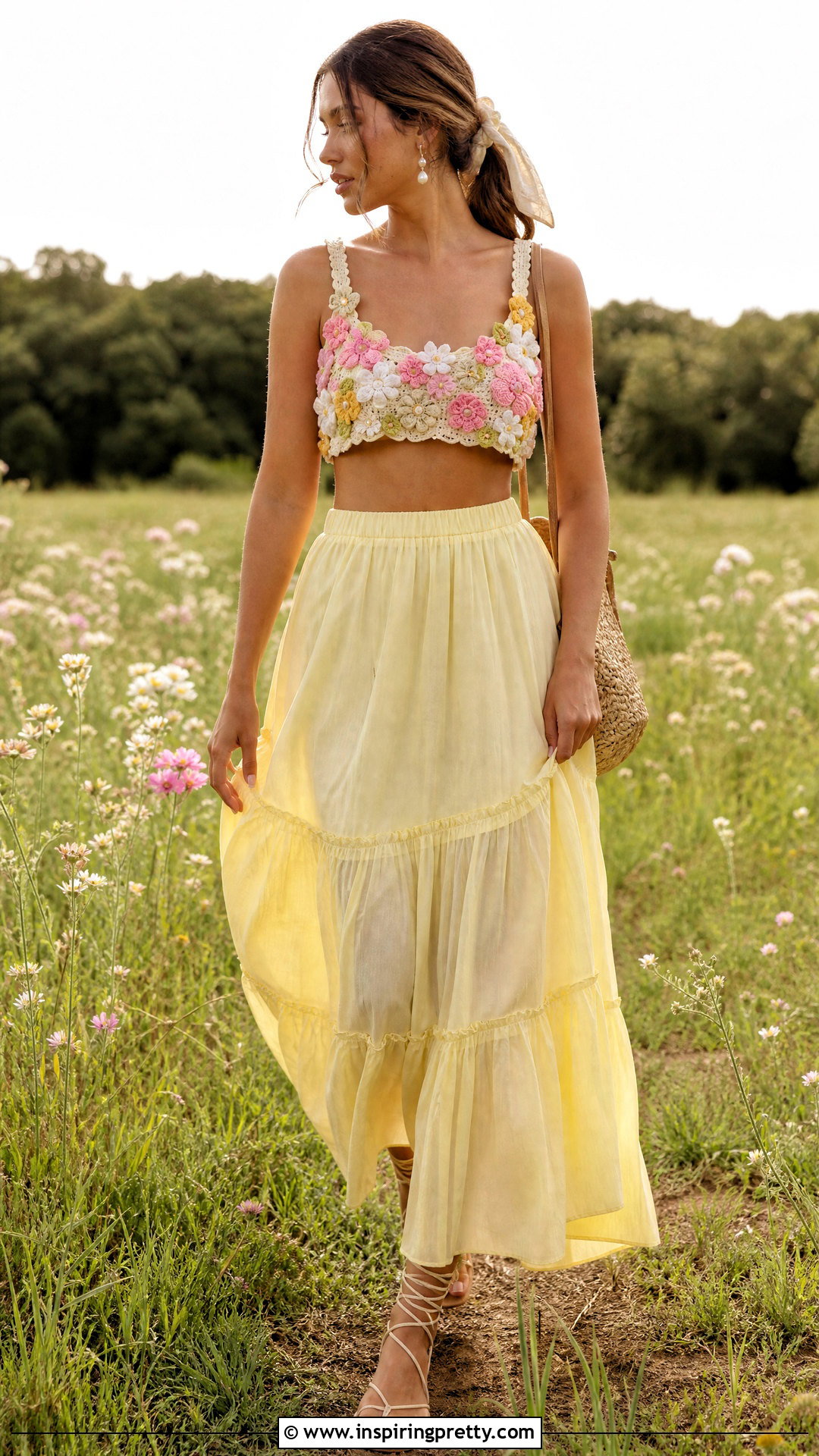 Floral Crochet Crop Top With Tiered Maxi Skirt - 20 crochet top on grass outfit ideas