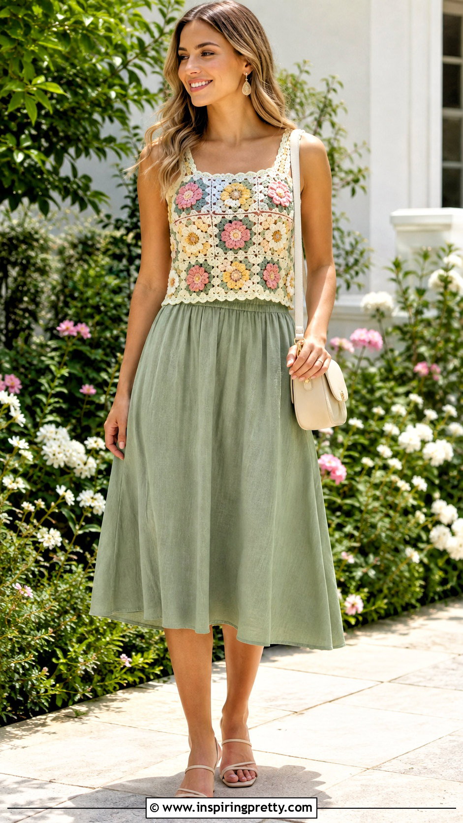 Floral Crochet Granny Square Top With A Midi Skirt - 25 Crochet Granny Square Tops For Women