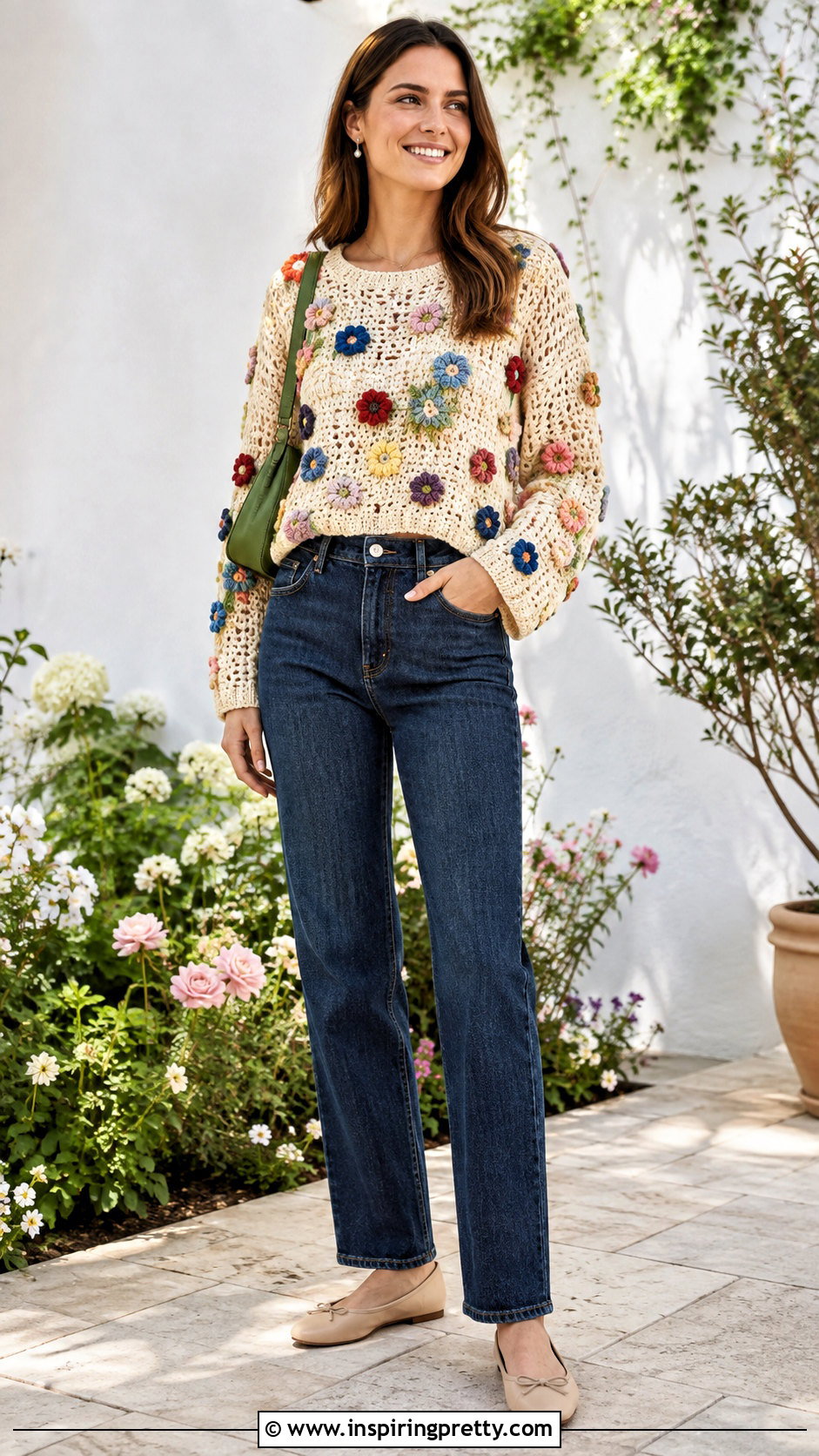 Floral Crochet Long Sleeve Top With Straight Leg Jeans - 25 Crochet Tops With Long Sleeves