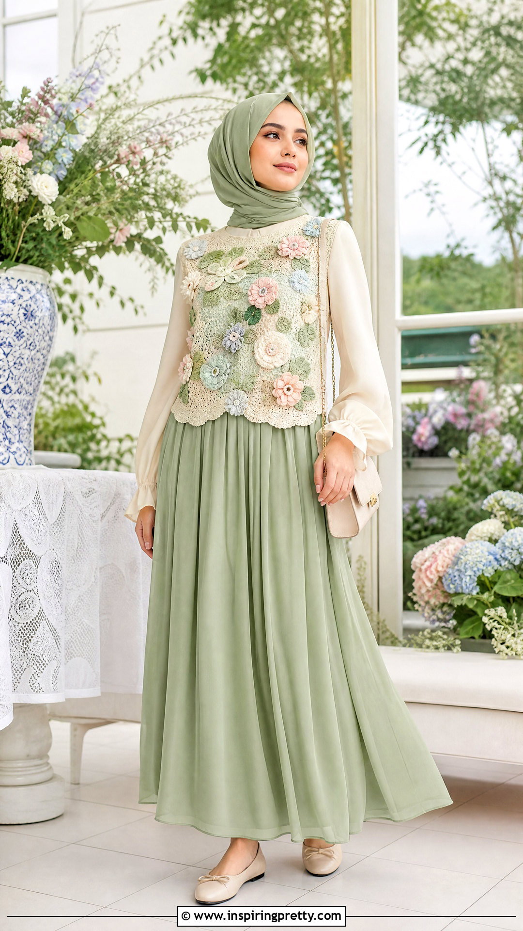 Floral Crochet Top With A Solid Maxi Skirt - 25 crochet top hijabi outfit ideas