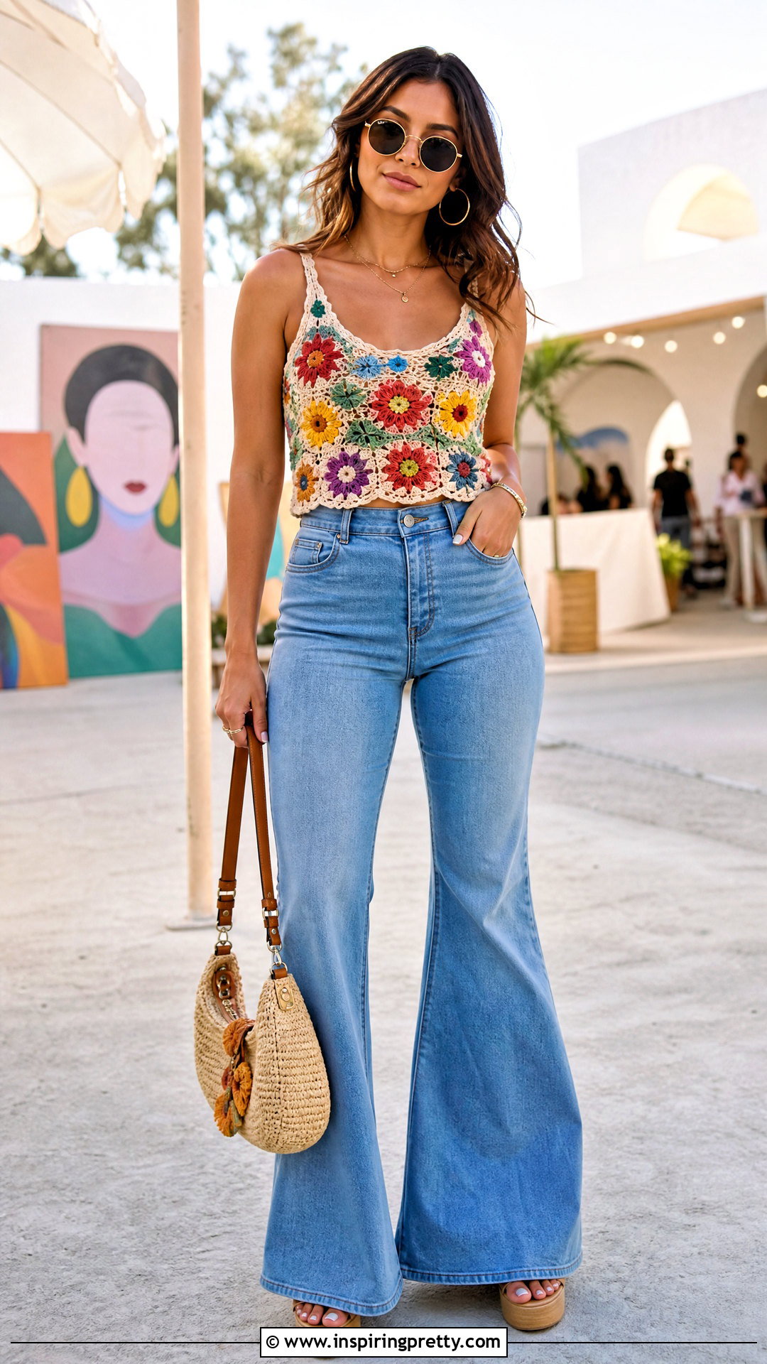 Floral Crochet Top With Flared Jeans - 50 tops de crochê verão ideas