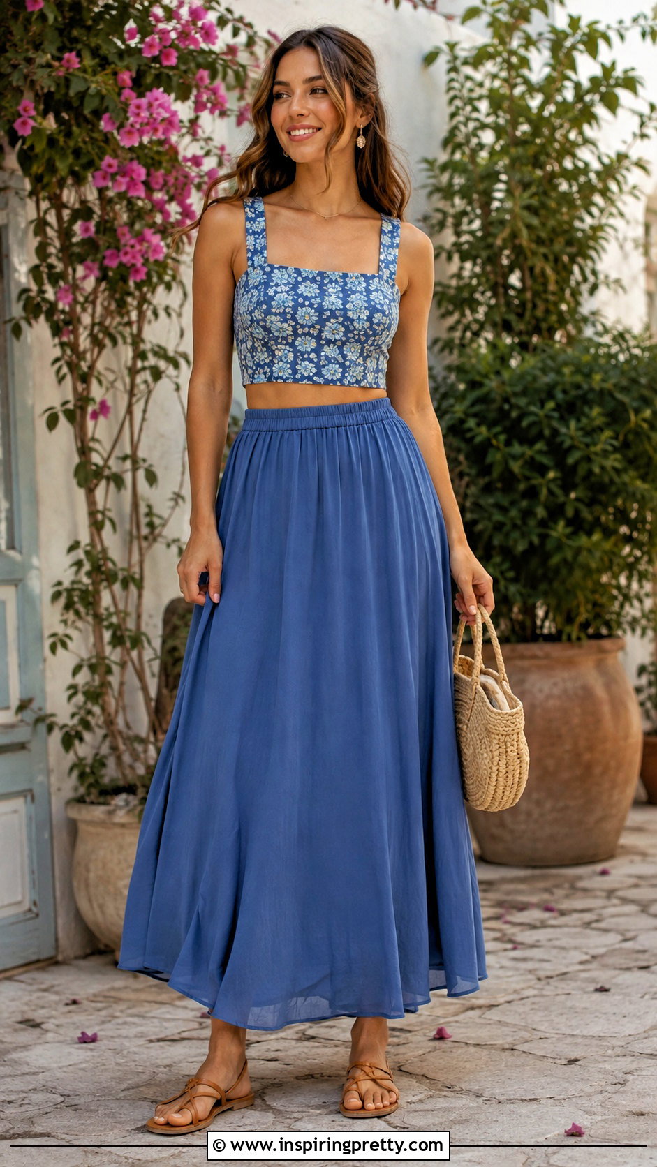Floral Crop Top And Maxi Skirt Outfit - 50 trendy summer tops outfit ideas