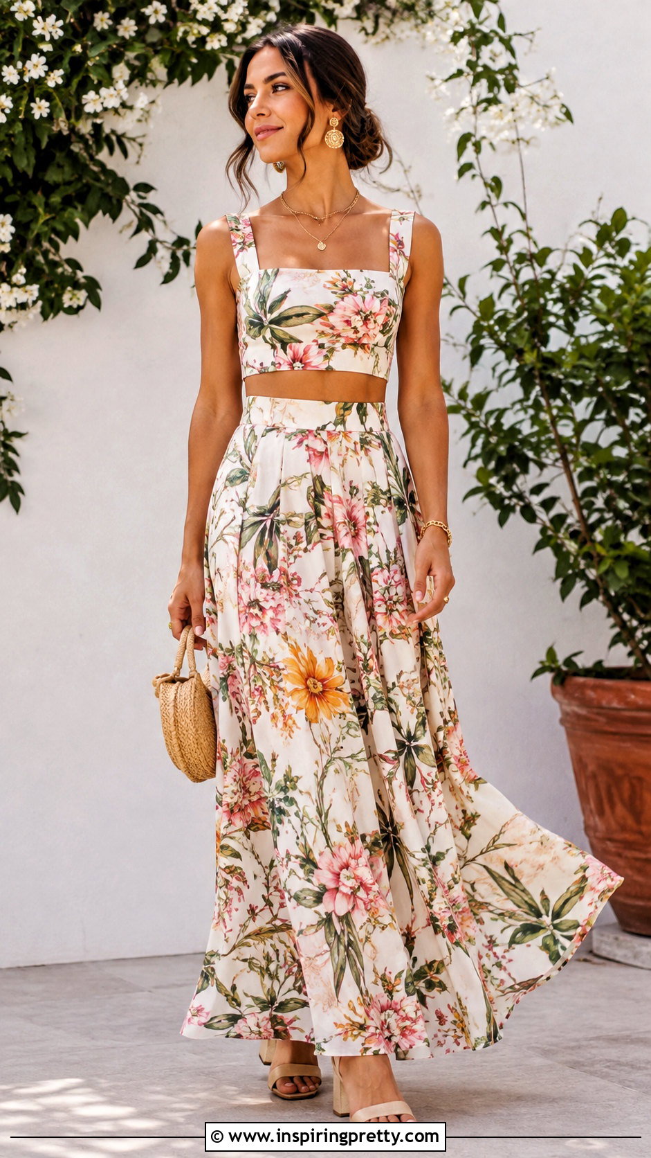 Floral Crop Top And Maxi Skirt Set - 50 two piece outfits skirt and tops