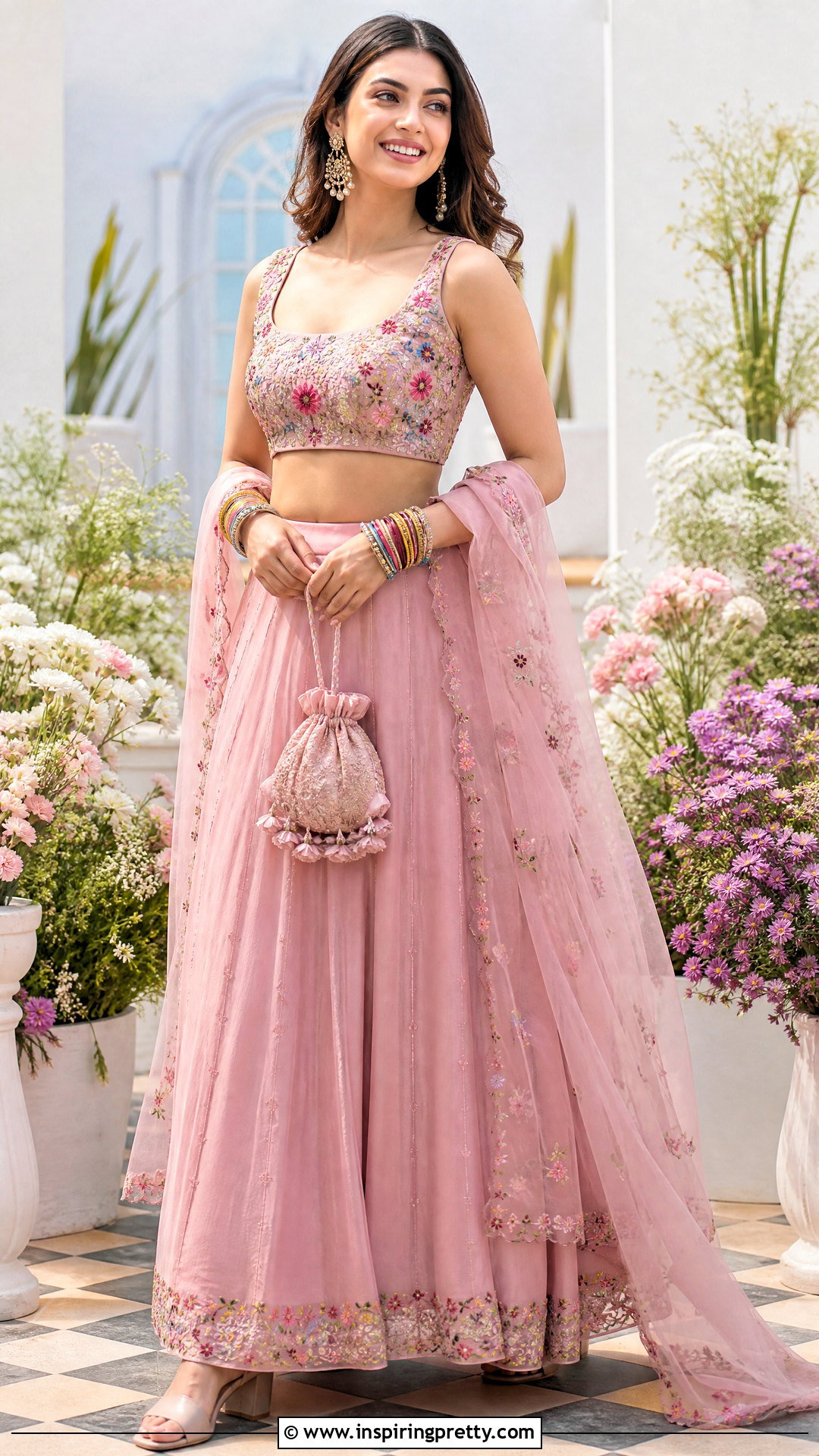 Floral Crop Top Blouse With Solid Lehenga - 50 latest crop top blouse designs