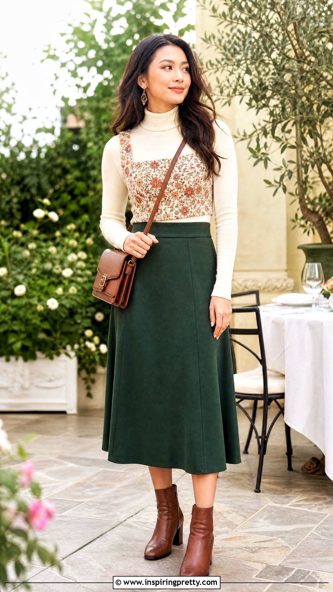 Floral Crop Top Over Turtleneck With Midi Skirt - 25 Crop Top Over Turtleneck outfit ideas