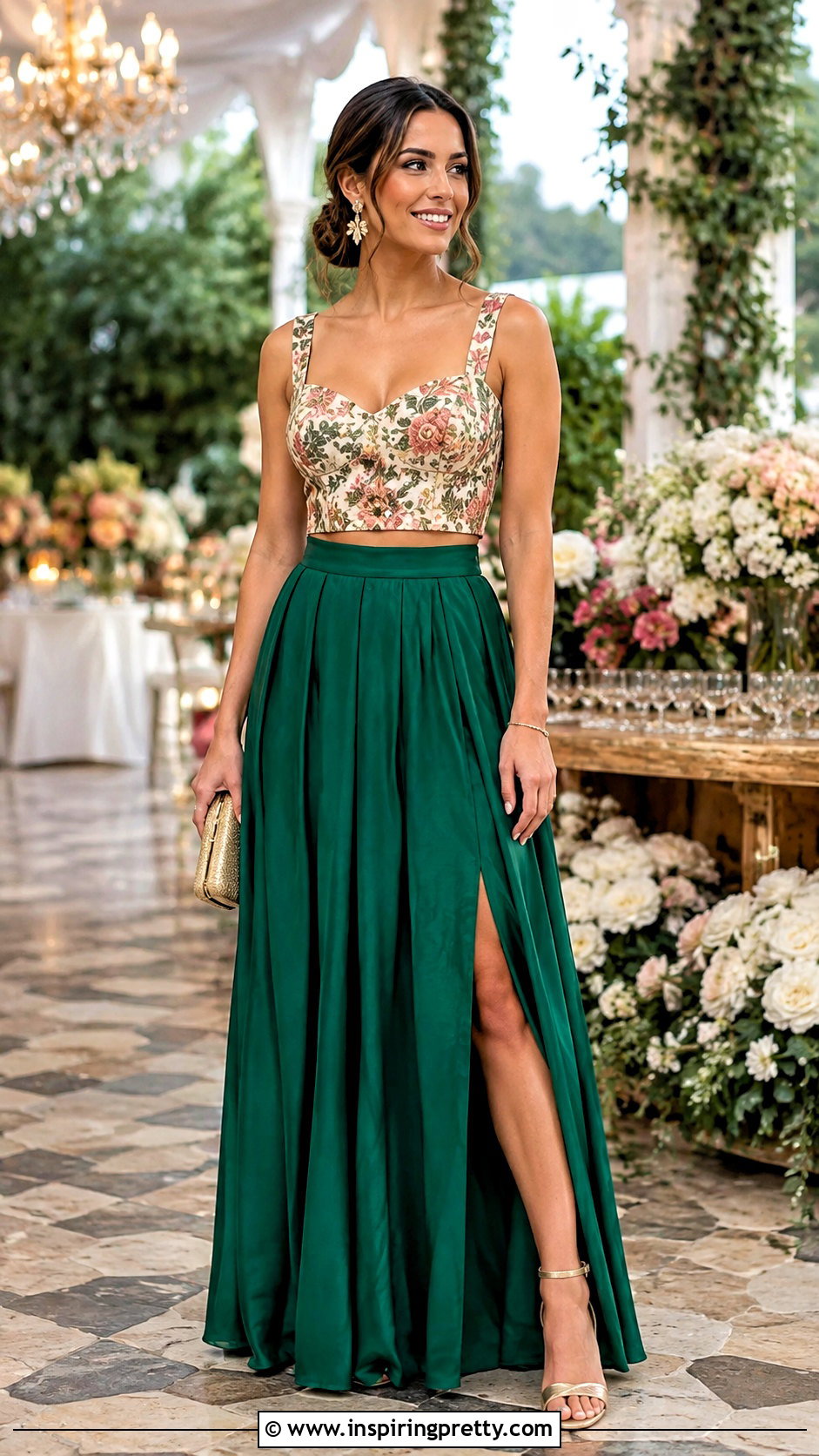 Floral Crop Top With Formal Maxi Skirt - 25 Floral Crop Top Outfit Ideas