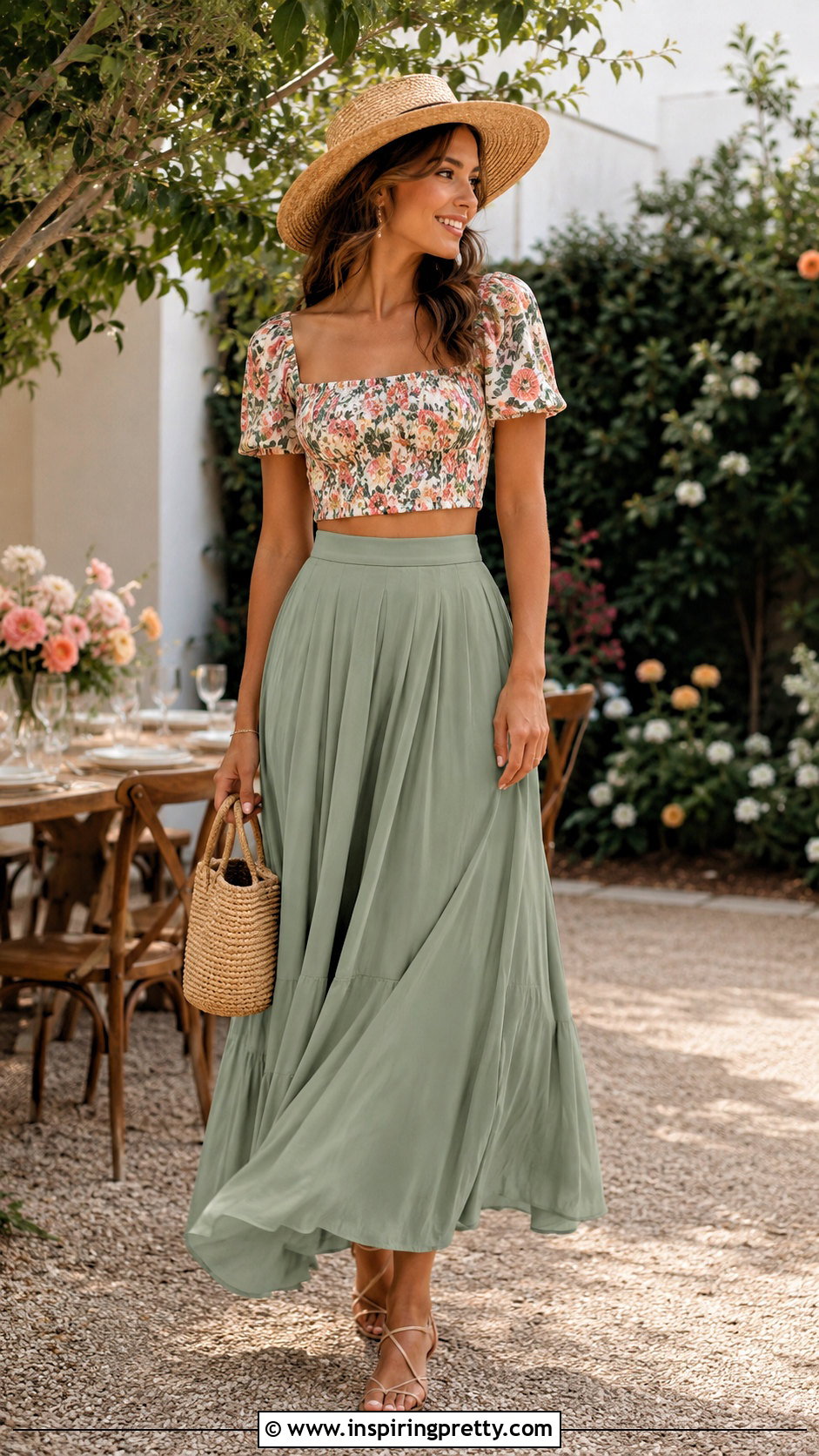 Floral Crop Top With High Waisted Maxi Skirt - 20 Summer Shirts Crop Tops outfit ideas