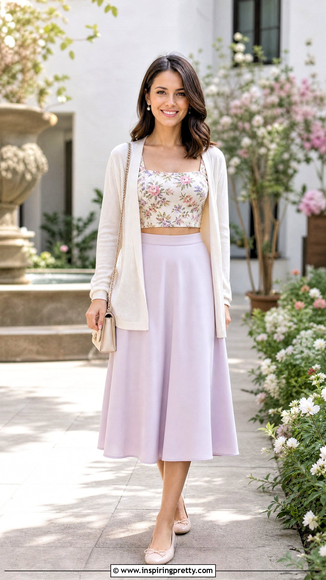 Floral Crop Top With Midi Skirt And Cardigan - 20 Floral Crop Top Style ideas