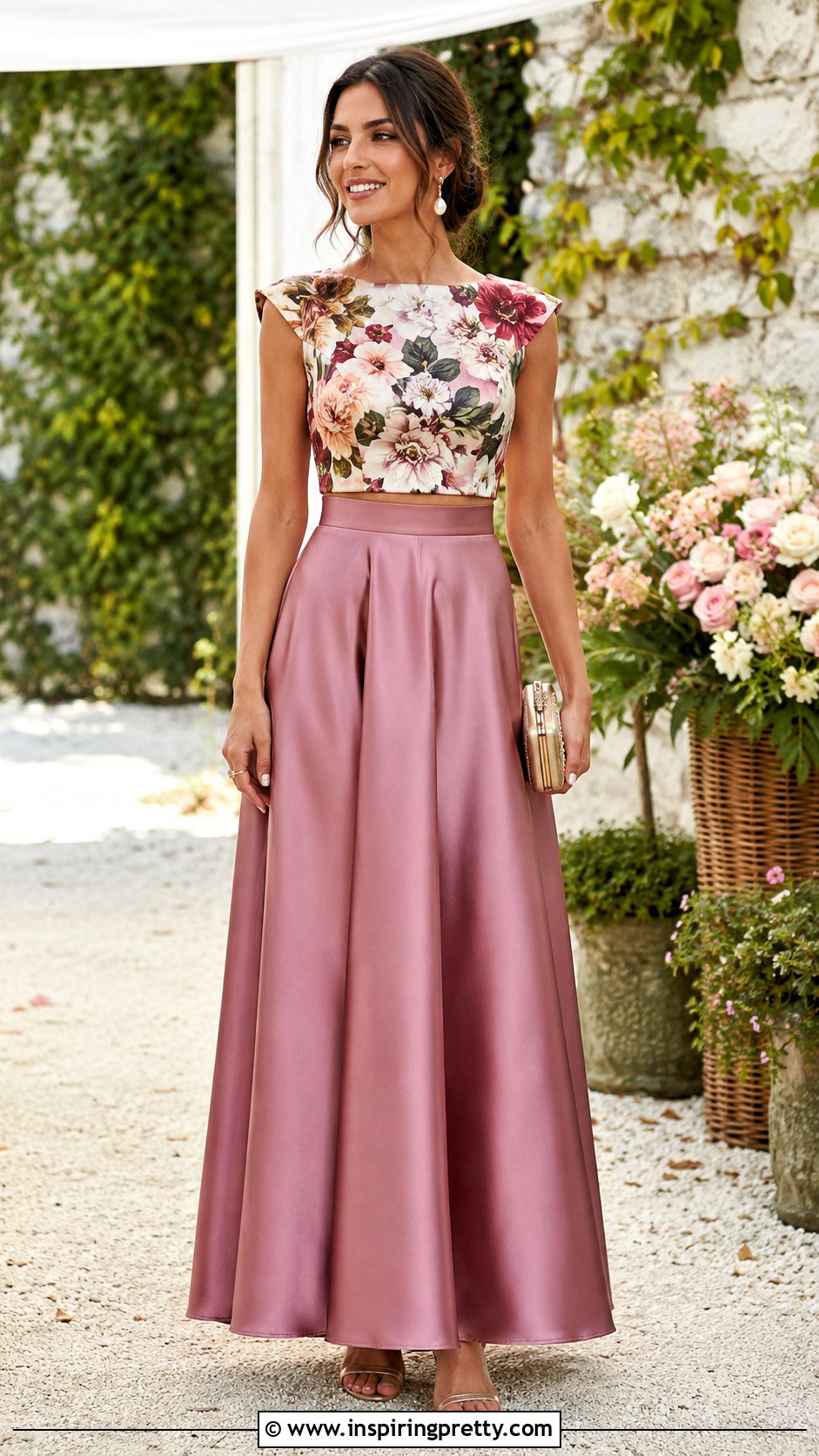 Floral Crop Top With Satin Long Skirt - 20 long skirt and top party wedding dresses