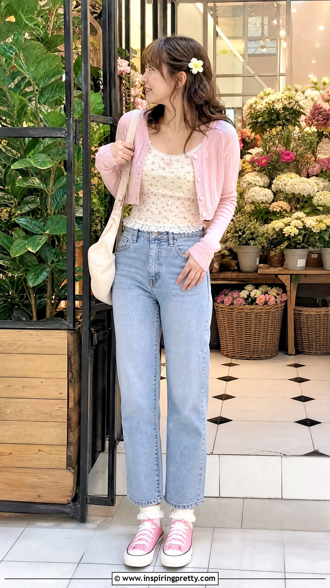 Floral Cutecore Top With Pink Cardigan And Jeans - 50 Cutecore Top outfit ideas