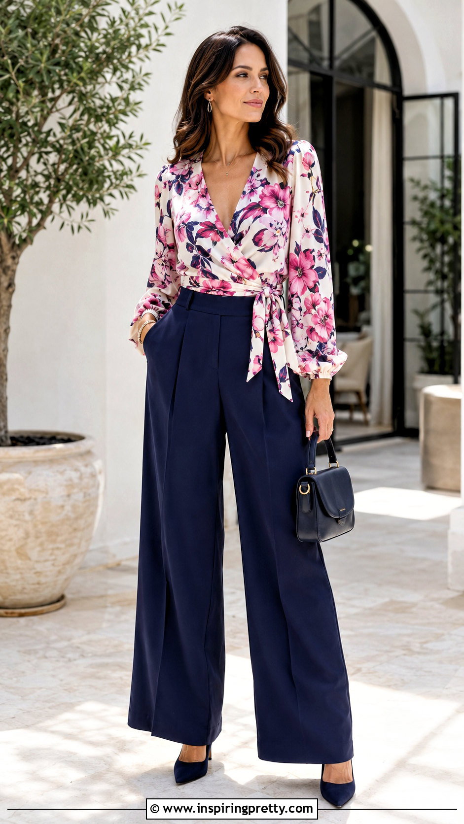 Floral Diane von Furstenberg Wrap Top With Wide Leg Trousers - 20 diane von furstenberg wrap top outfit ideas