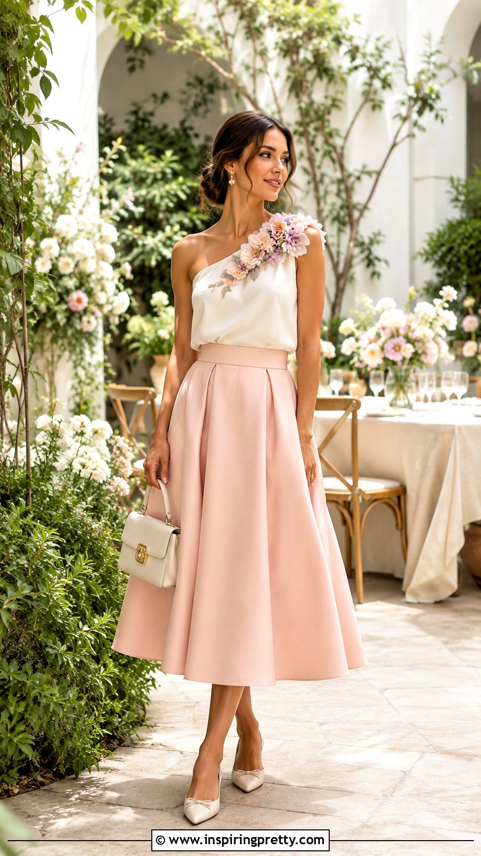 Floral Embellished Shoulder Top With A Line Skirt - 20 embellished shoulder top outfit ideas