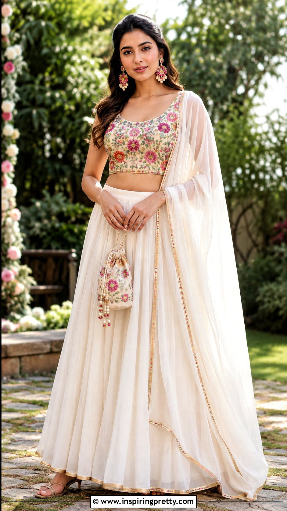 Floral Embroidered Crop Top With Plain Lehenga - 50 traditional crop top designs
