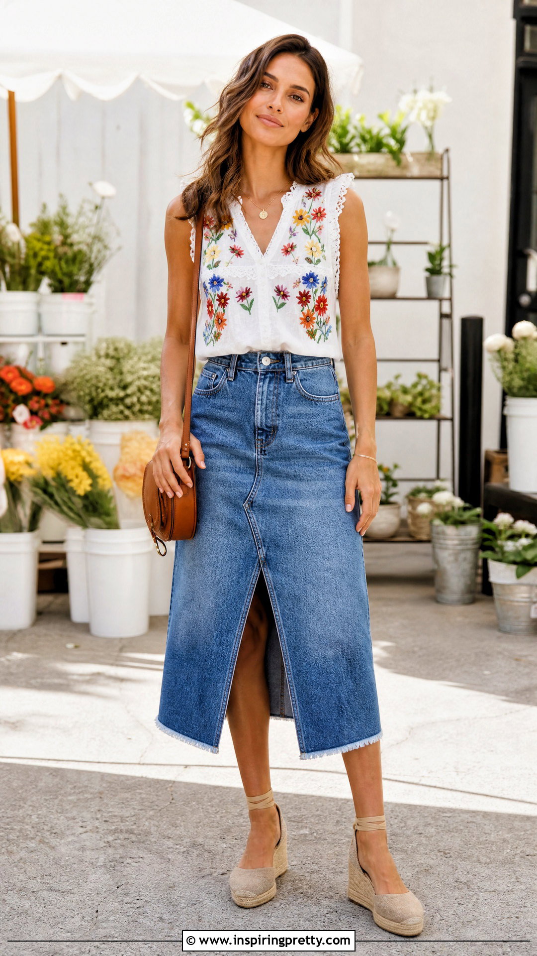 Floral Embroidered Sleeveless Top With A Denim Midi Skirt - 20 floral embroidered sleeveless top outfit ideas