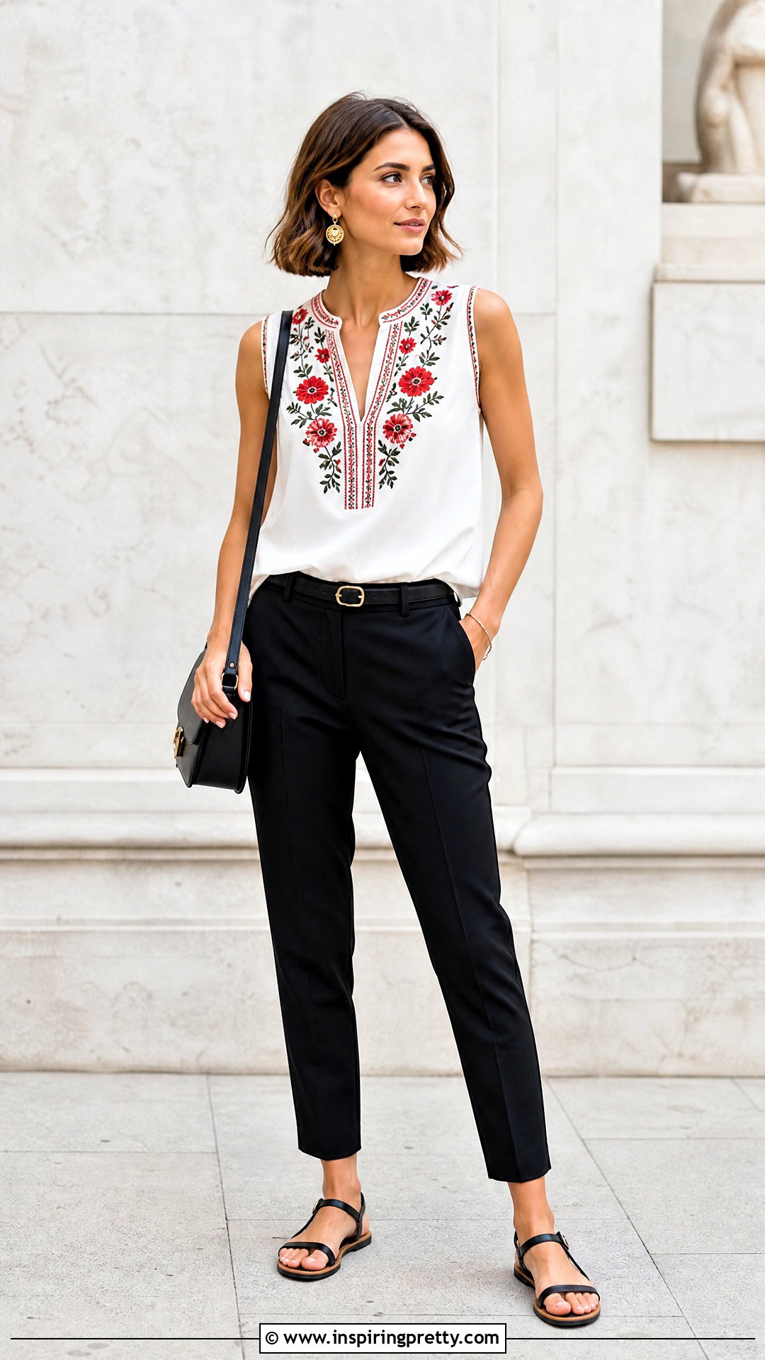 Floral Embroidered Sleeveless Top With Black Pants - 20 floral embroidered sleeveless top outfit ideas