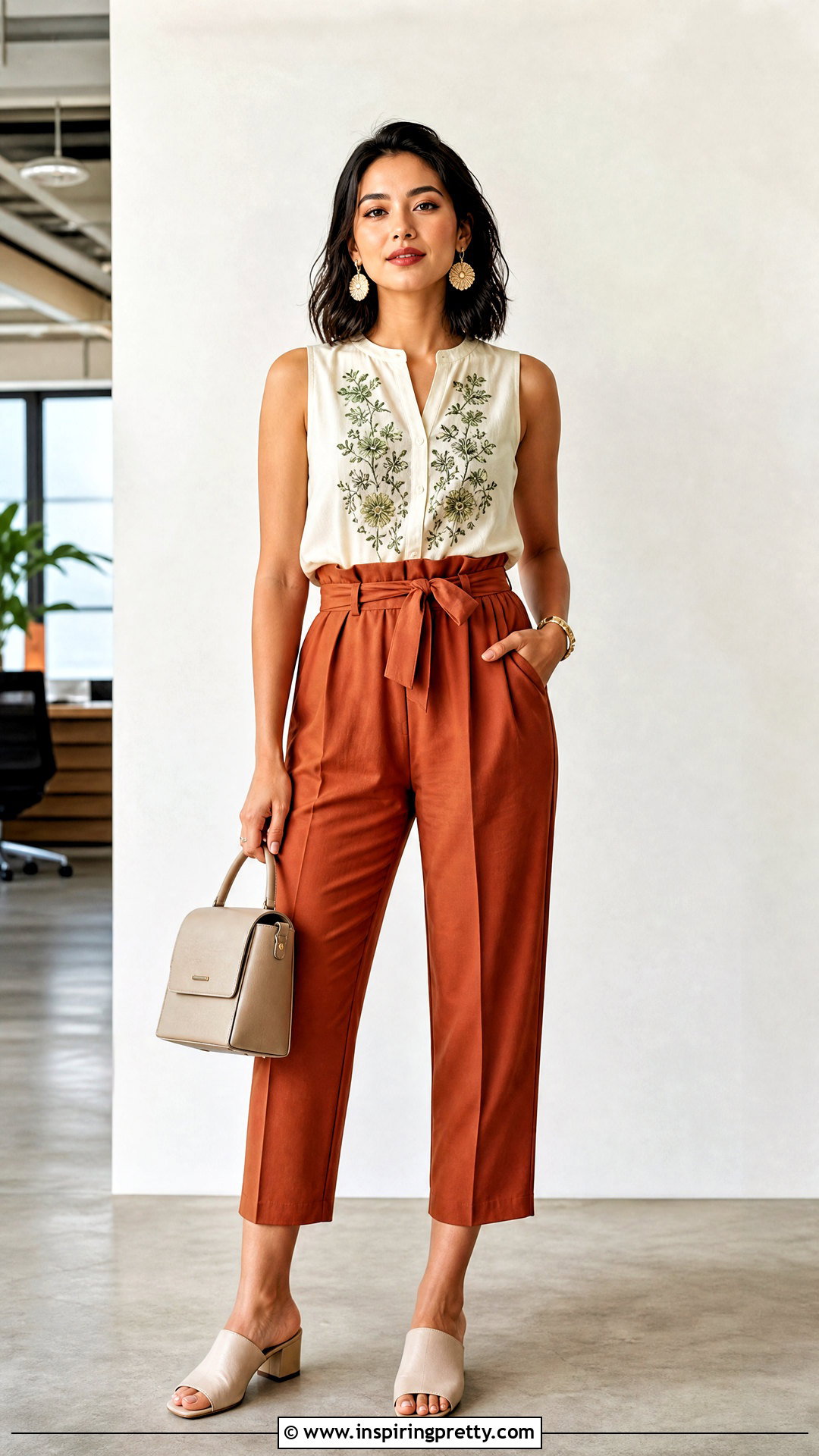 Floral Embroidered Sleeveless Top With Paperbag Waist Pants - 20 floral embroidered sleeveless top outfit ideas