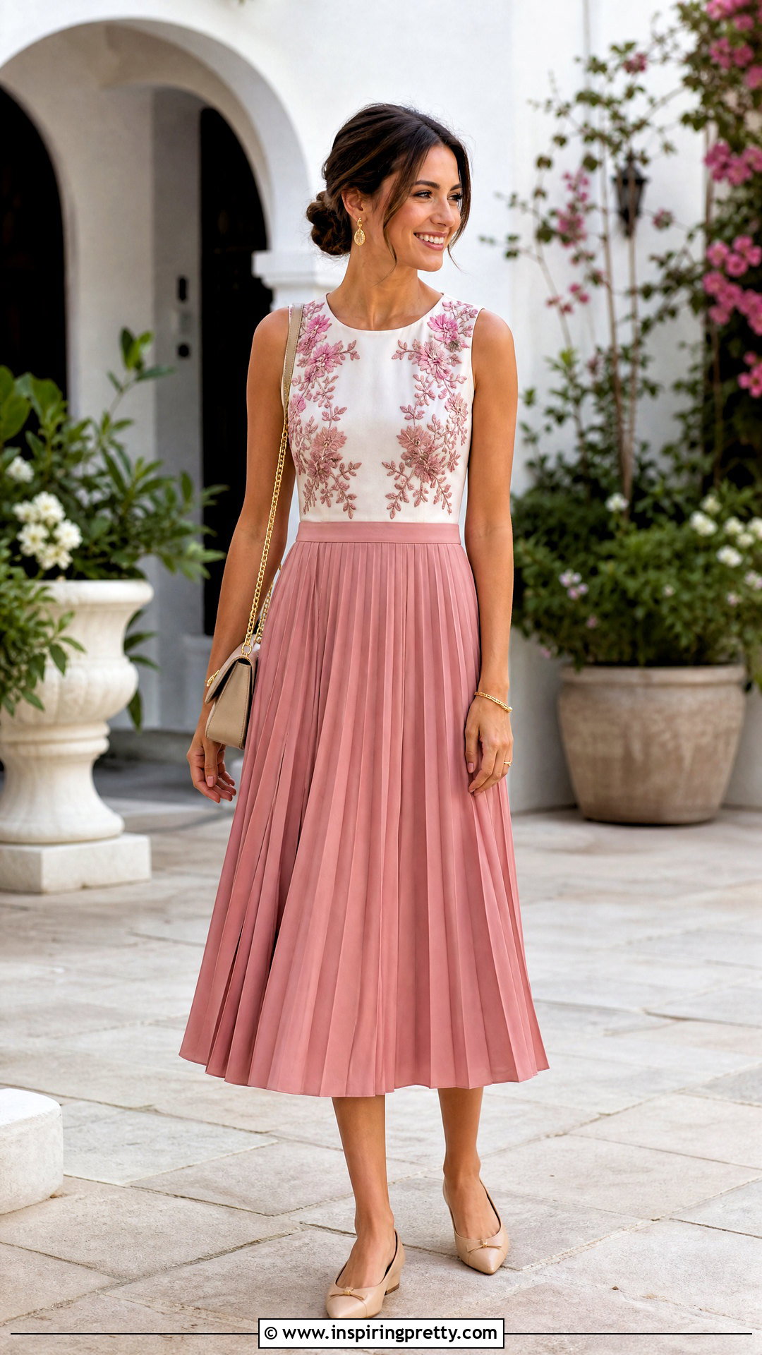 Floral Embroidered Sleeveless Top With Pleated Midi Skirt - 20 floral embroidered sleeveless top outfit ideas