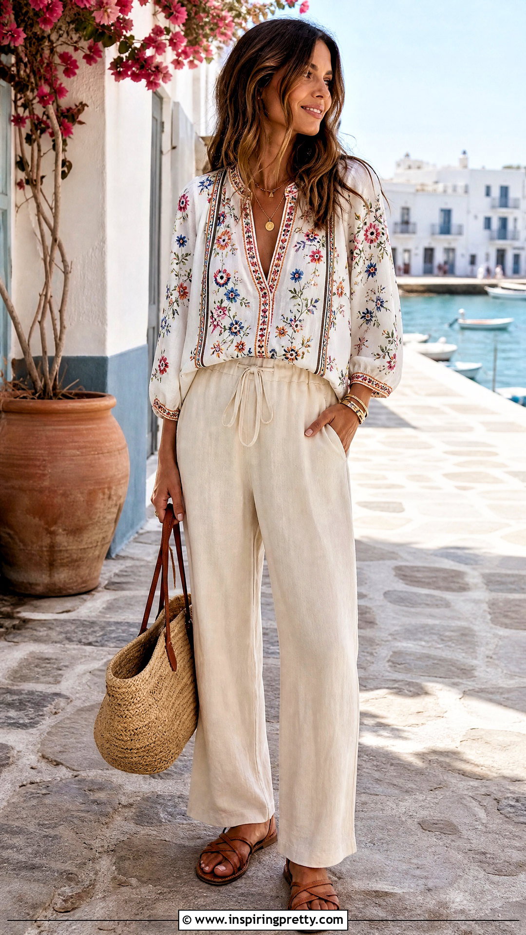 Floral Embroidered Top With Linen Pants - 20 Fashion Inspiration For Embroidered Tops outfit ideas