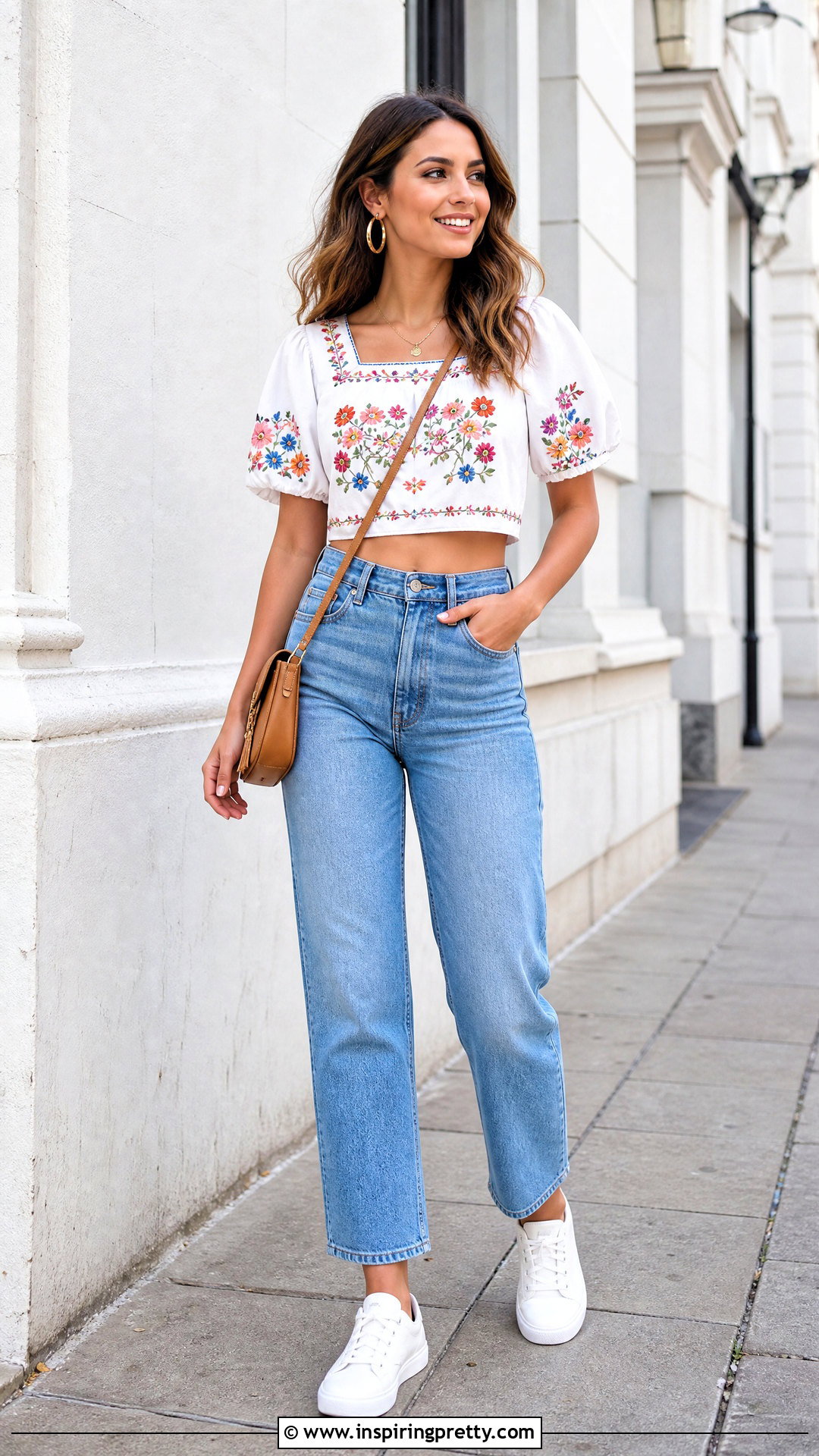 Floral Embroidery Crop Top With High Waisted Jeans - 20 embroidery crop top designs