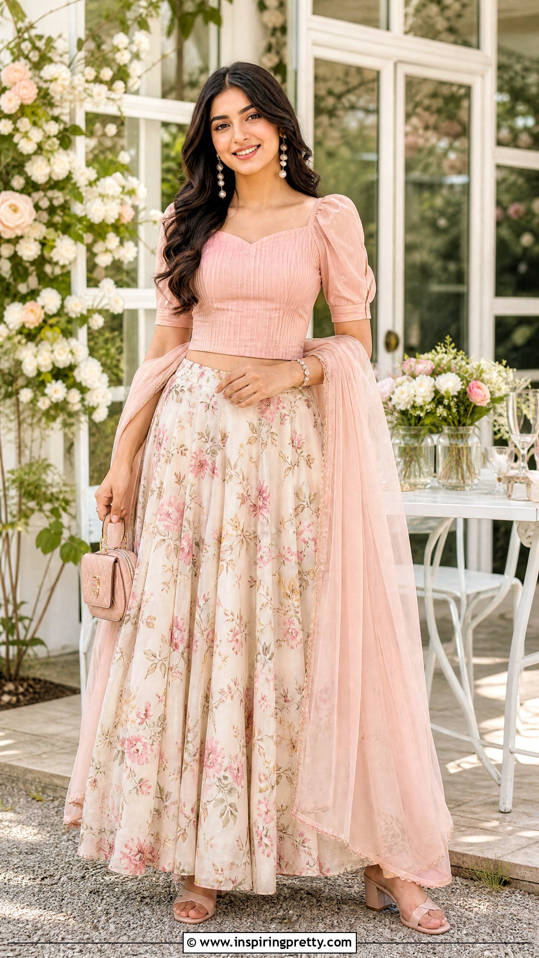 Floral Ethnic Skirt And Puff Sleeve Top Outfit - 50 traditional skirt and top outfit ideas