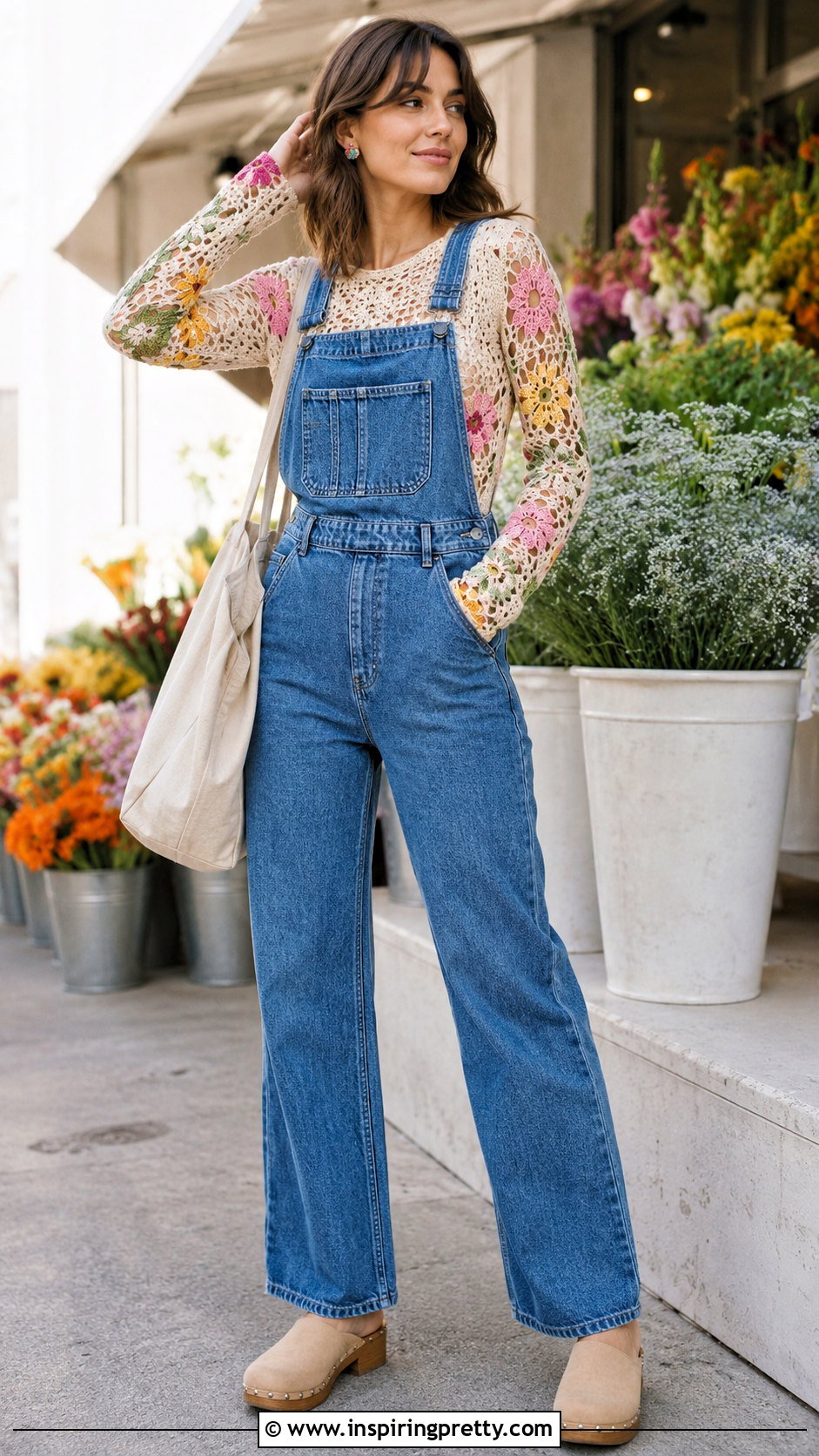 Floral Filet Crochet Top With Denim Overalls - 50 filet crochet top outfit ideas