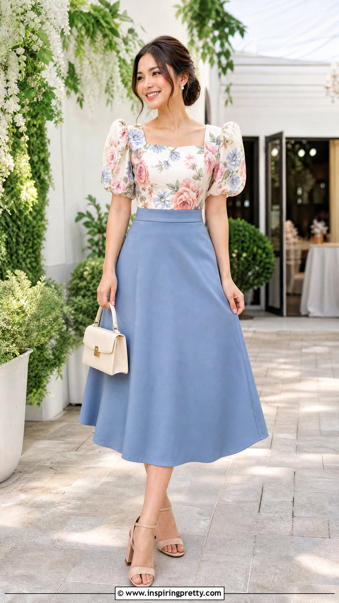 Floral Filipiniana Top With Solid Midi Skirt - 50 filipiniana top outfit ideas