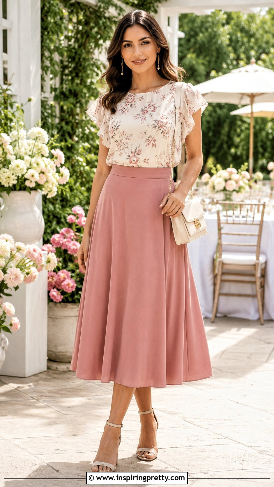 Floral Flutter Sleeve Top With A Line Midi Skirt - 20 floral flutter sleeve top outfit ideas