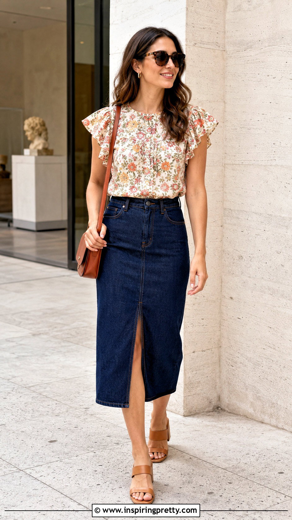 Floral Flutter Sleeve Top With Denim Midi Skirt - 20 floral flutter sleeve top outfit ideas