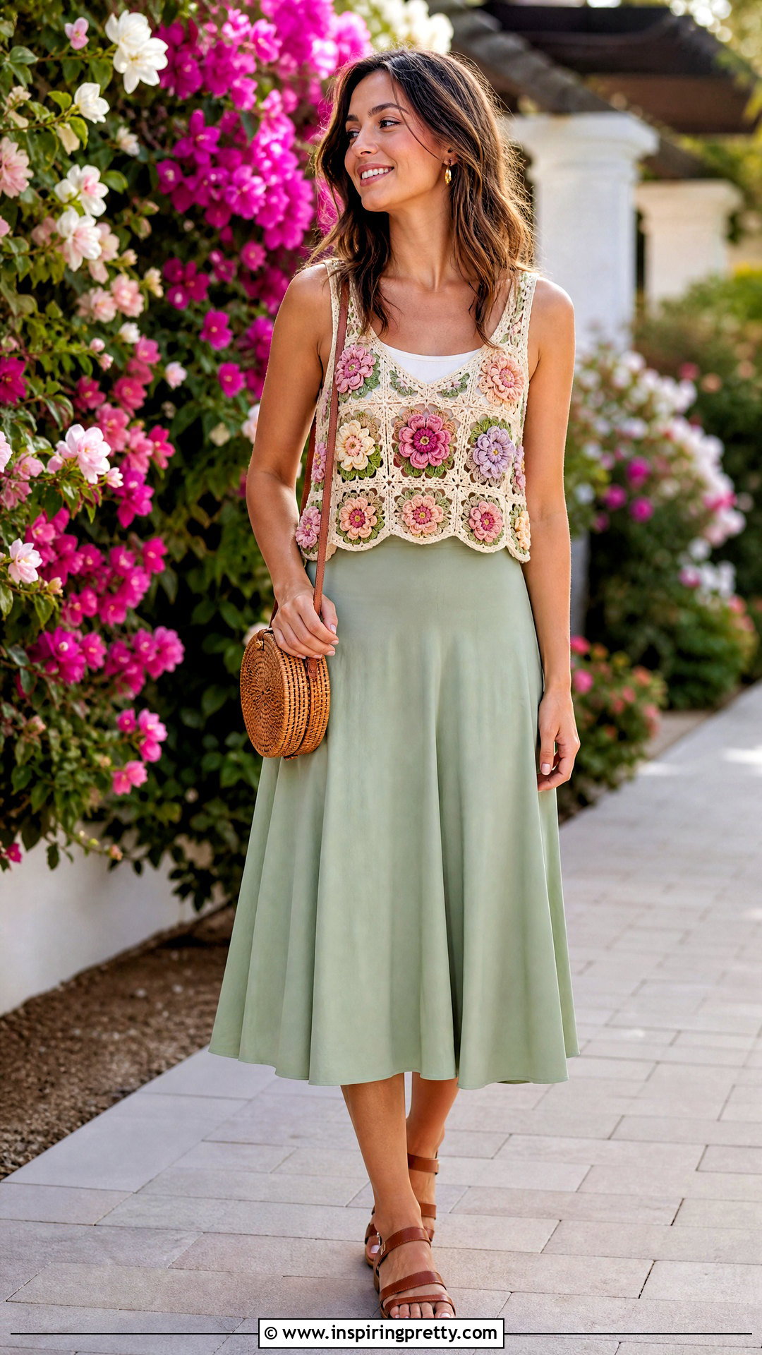 Floral Granny Square Top With Green Skirt - 50 granny square top outfit ideas