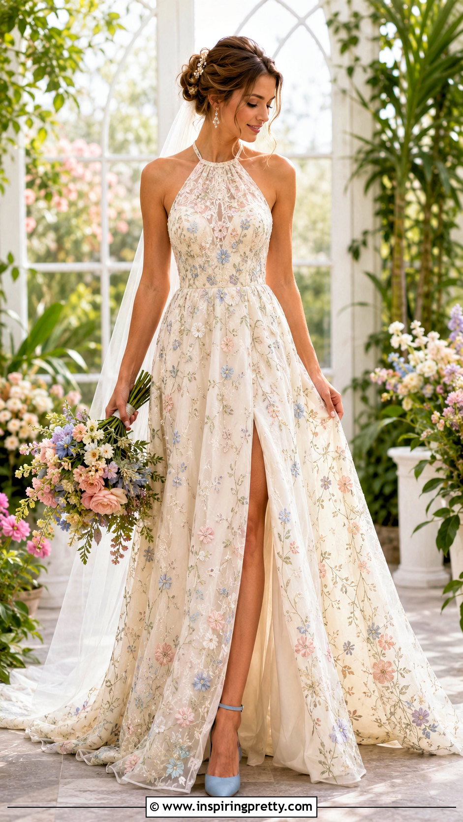 Floral Halter Wedding Dress With Pastel Heels - 50 halter top wedding dress outfit ideas