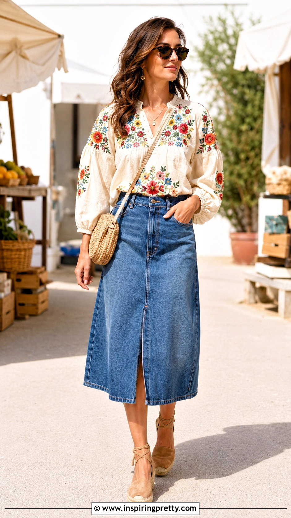 Floral Handmade Embroidered Top With Denim Midi Skirt - 20 handmade embroidered top outfit ideas