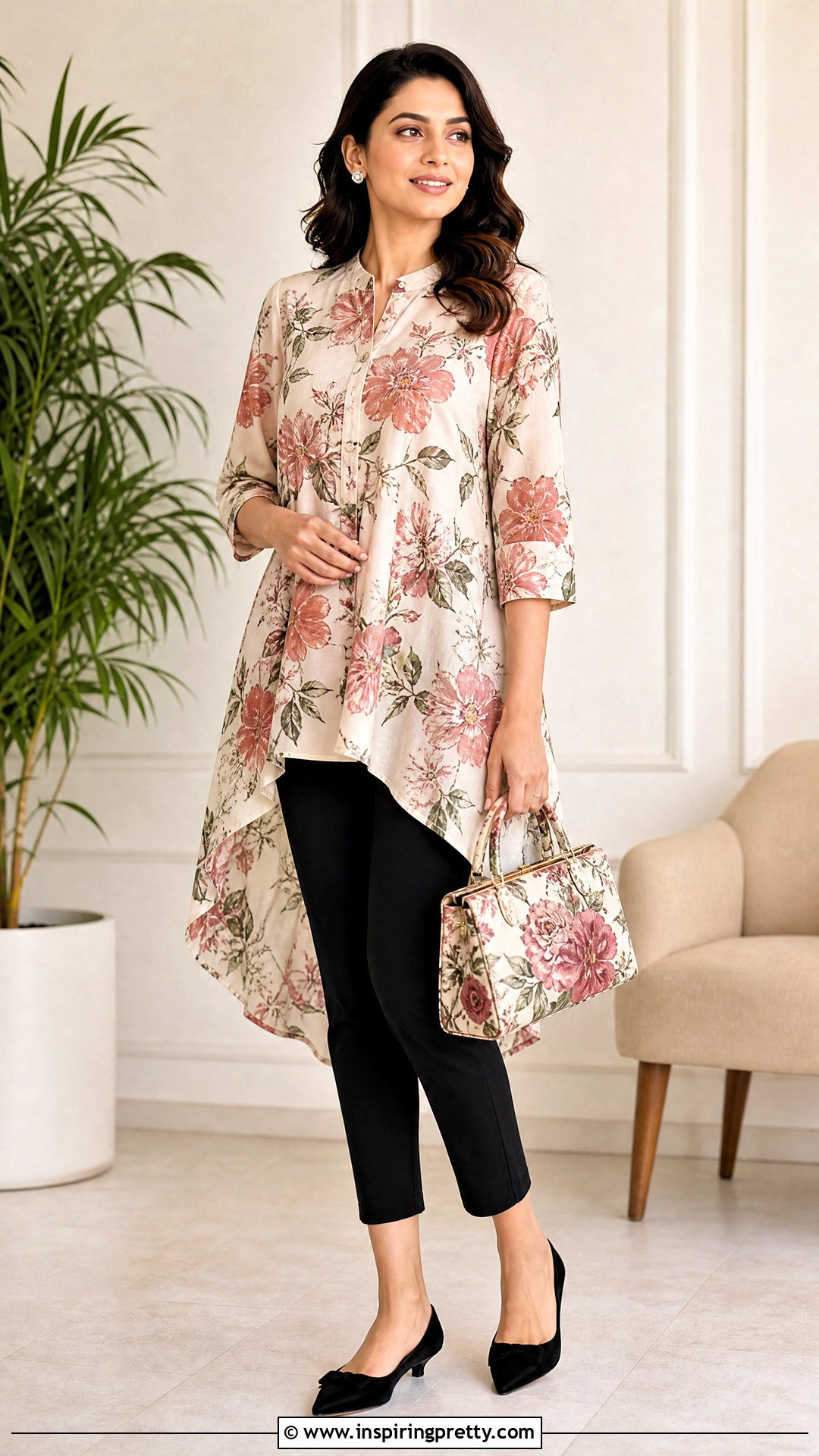 Floral Hi Lo Tunic Top With Black Pants - 20 Hi Lo Tunic Tops outfit ideas