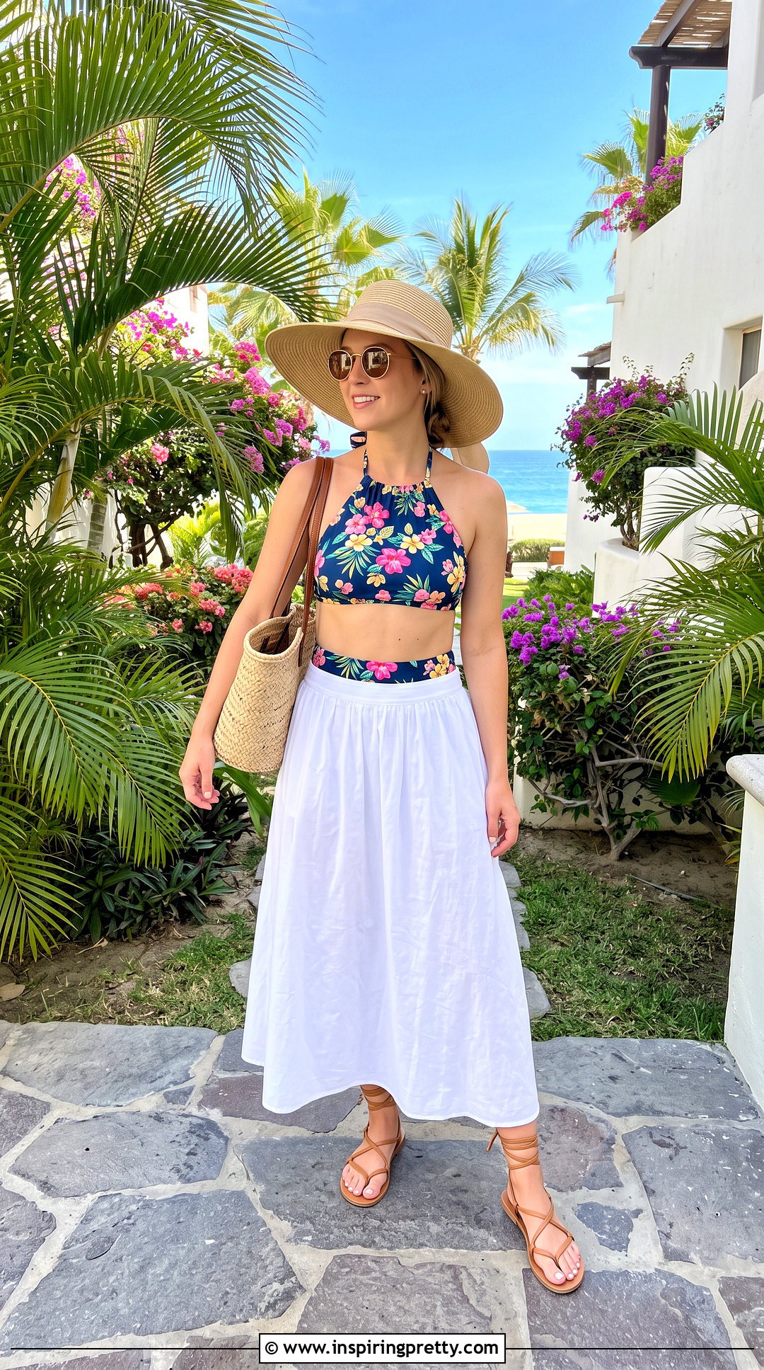 Floral High Neck Halter Swim Top With Maxi Skirt - 25 high neck halter swim top outfit ideas