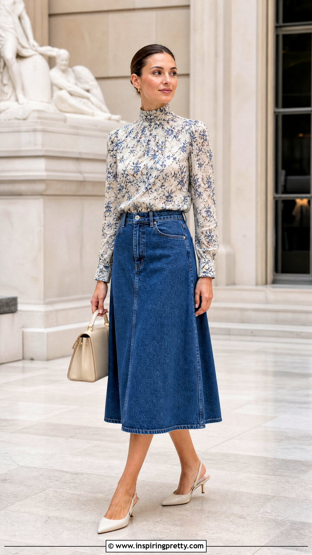 Floral High Neck Top With A Line Denim Midi Skirt - 20 Floral Top Denim Skirt Styles