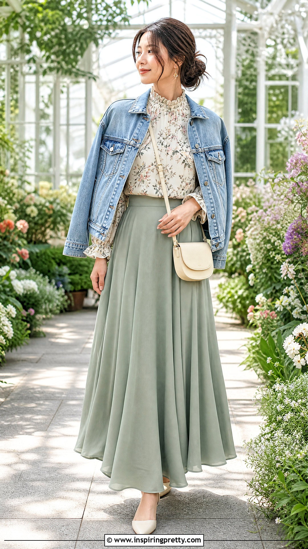 Floral High Neck Top With Maxi Skirt - 50 high neck top outfit ideas