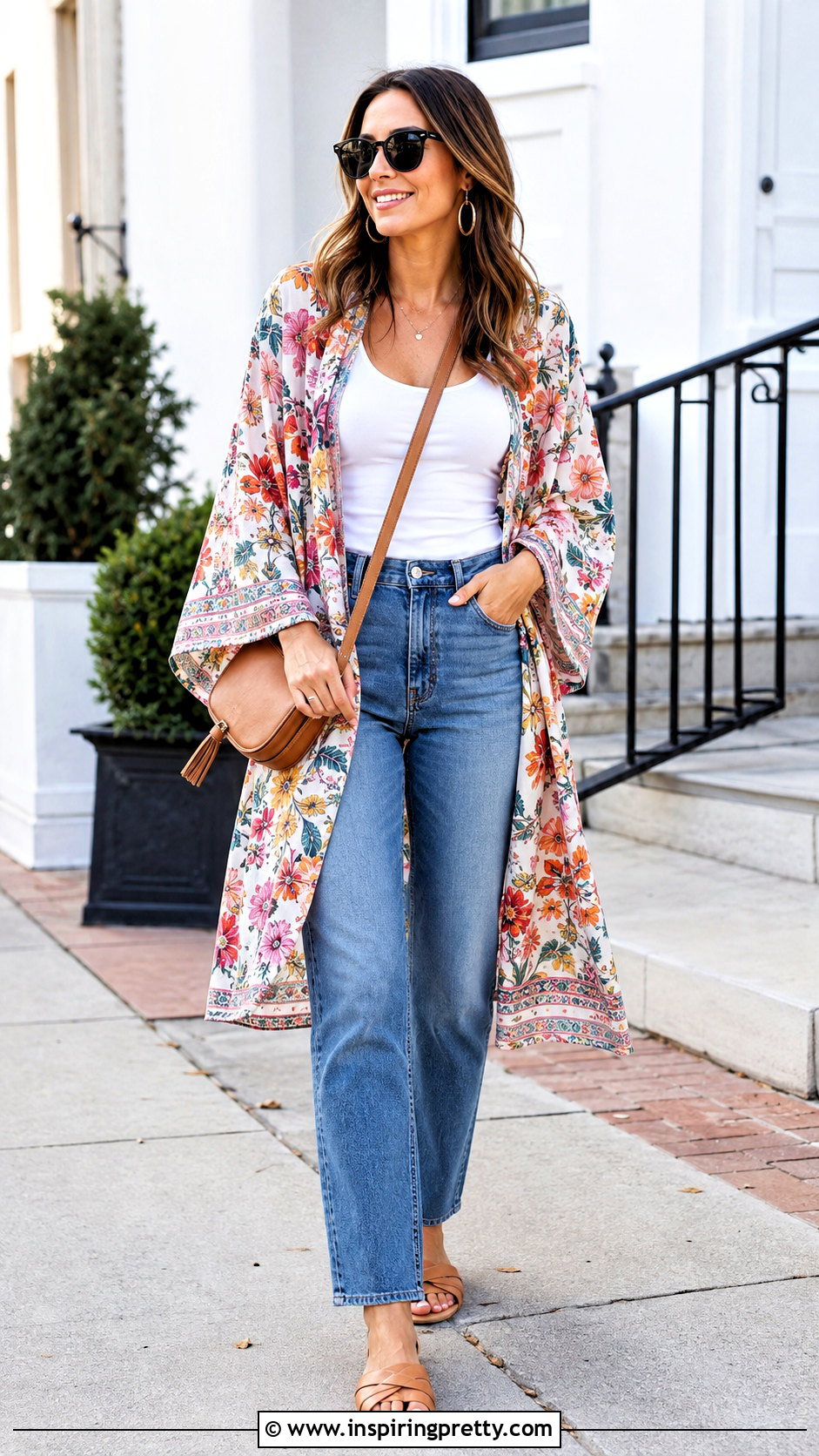 Floral Kimono Top With Straight Leg Jeans - 50 kimono top outfit ideas