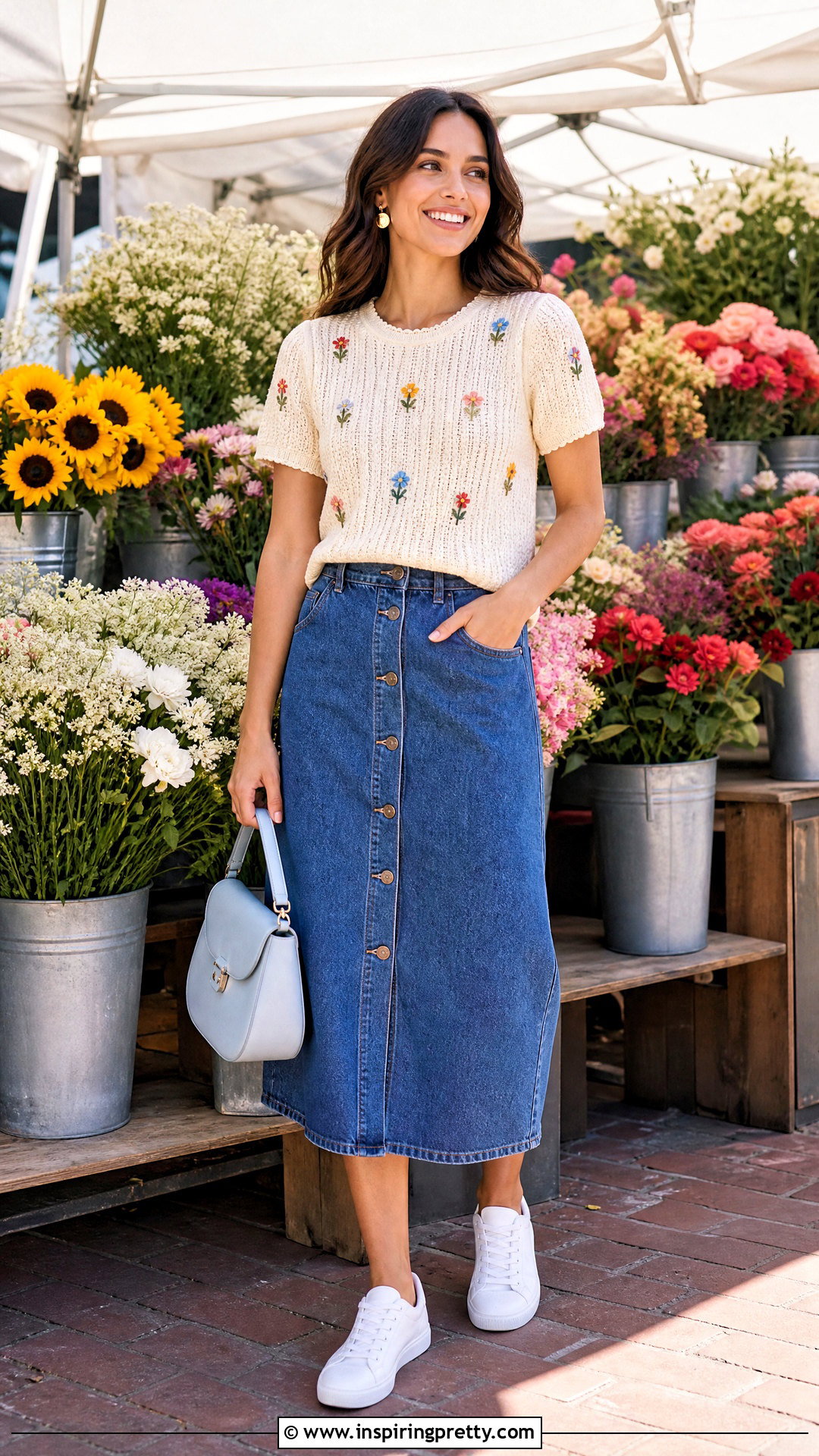 Floral Knit Top With Denim Skirt - 50 summer knit tops outfit ideas