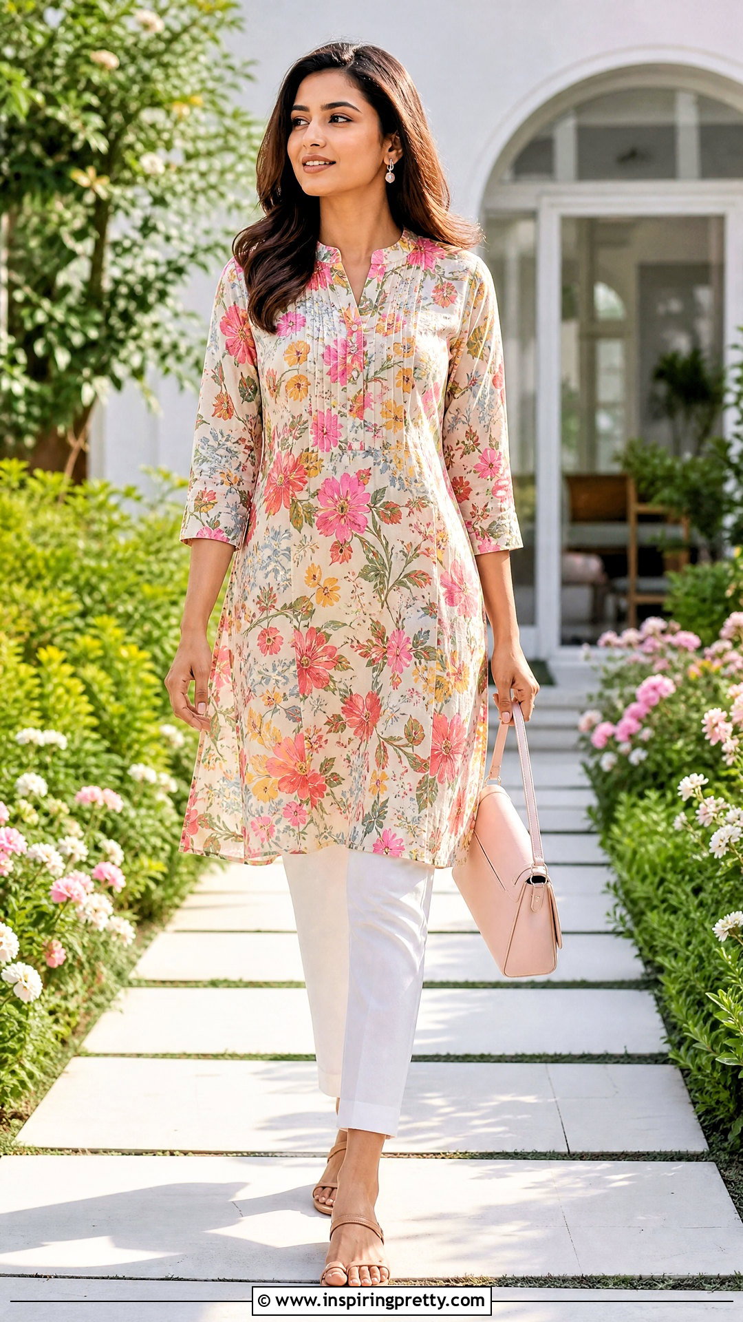 Floral Kurti Top With White Pants - 50 kurti top outfit ideas
