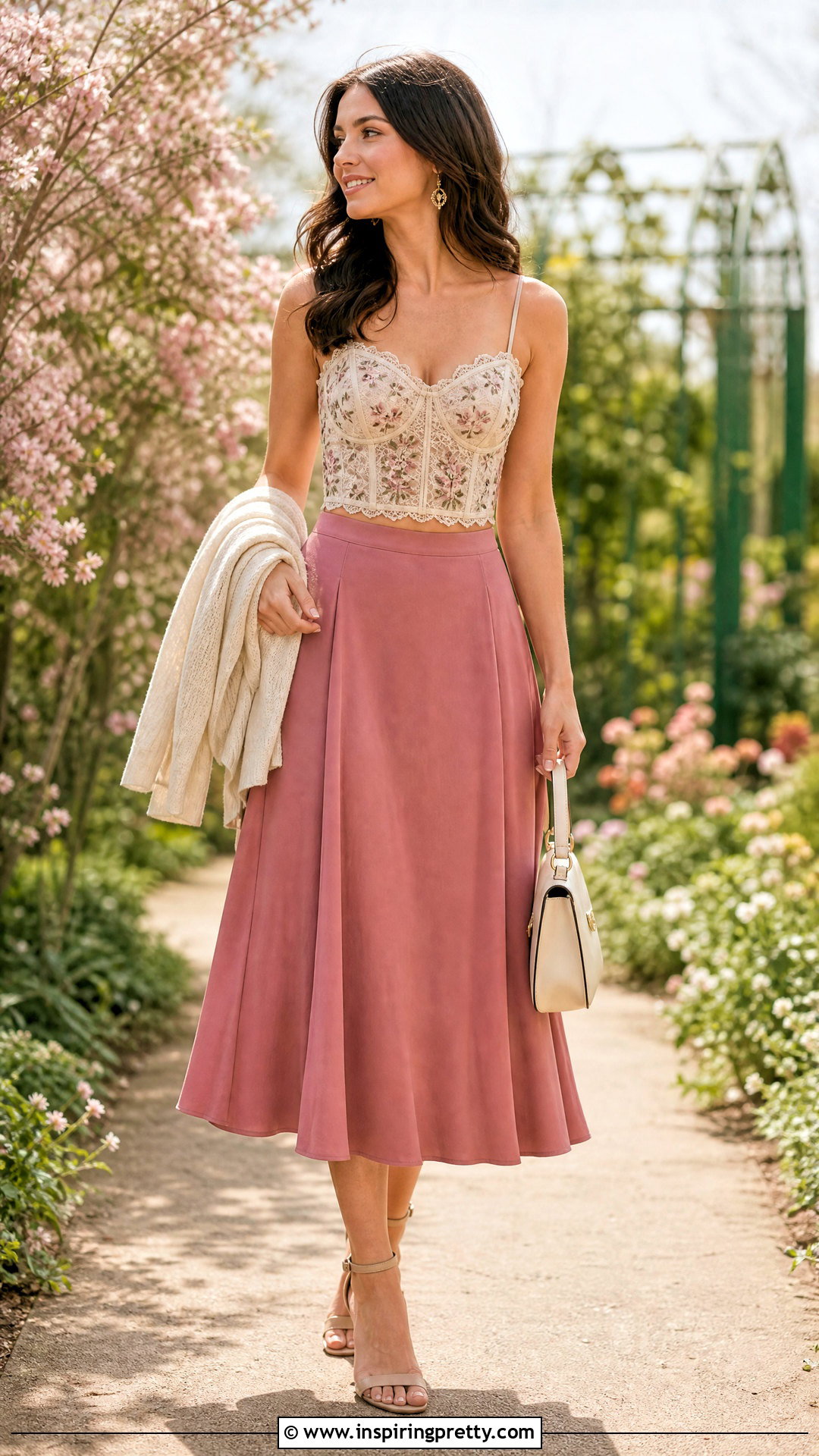 Floral Lace Corset Crop Top With Midi Skirt - 25 lace corset crop top outfit ideas