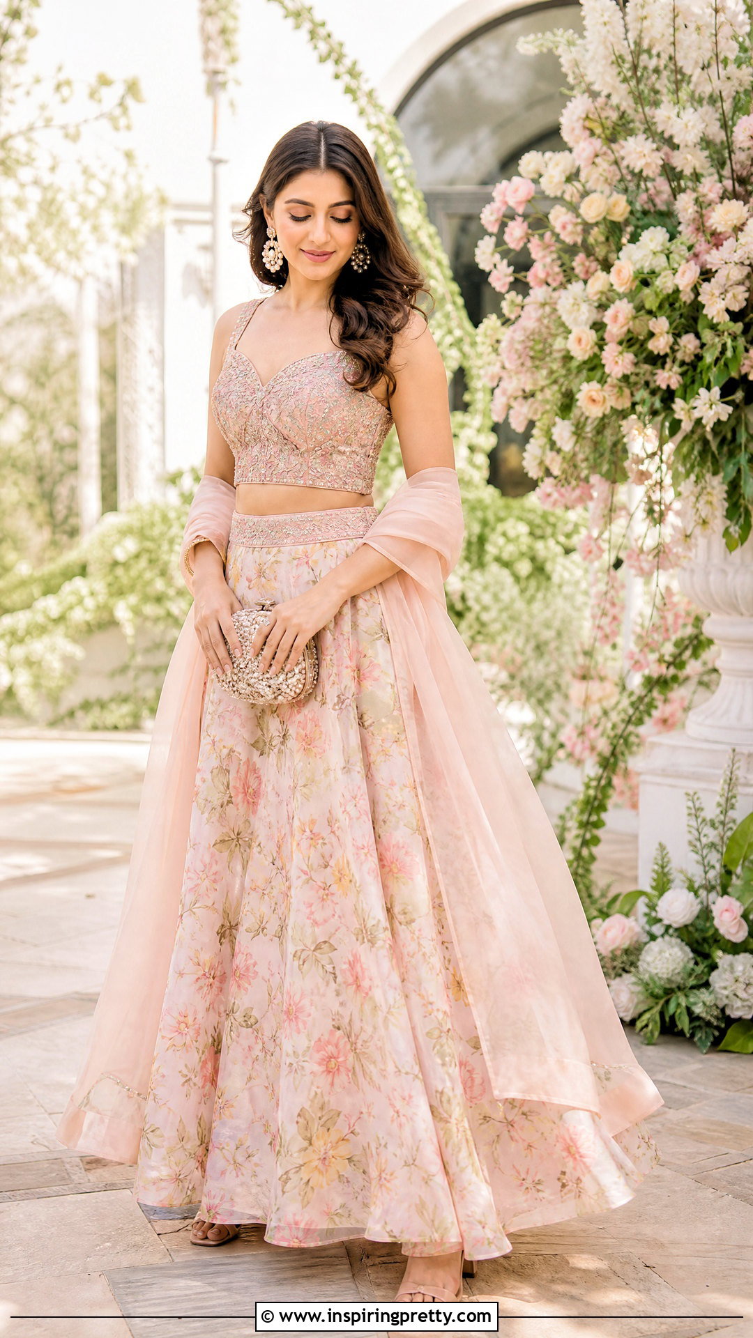 Floral Lehenga Skirt With Pastel Blouse - 50 traditional skirt and top outfits