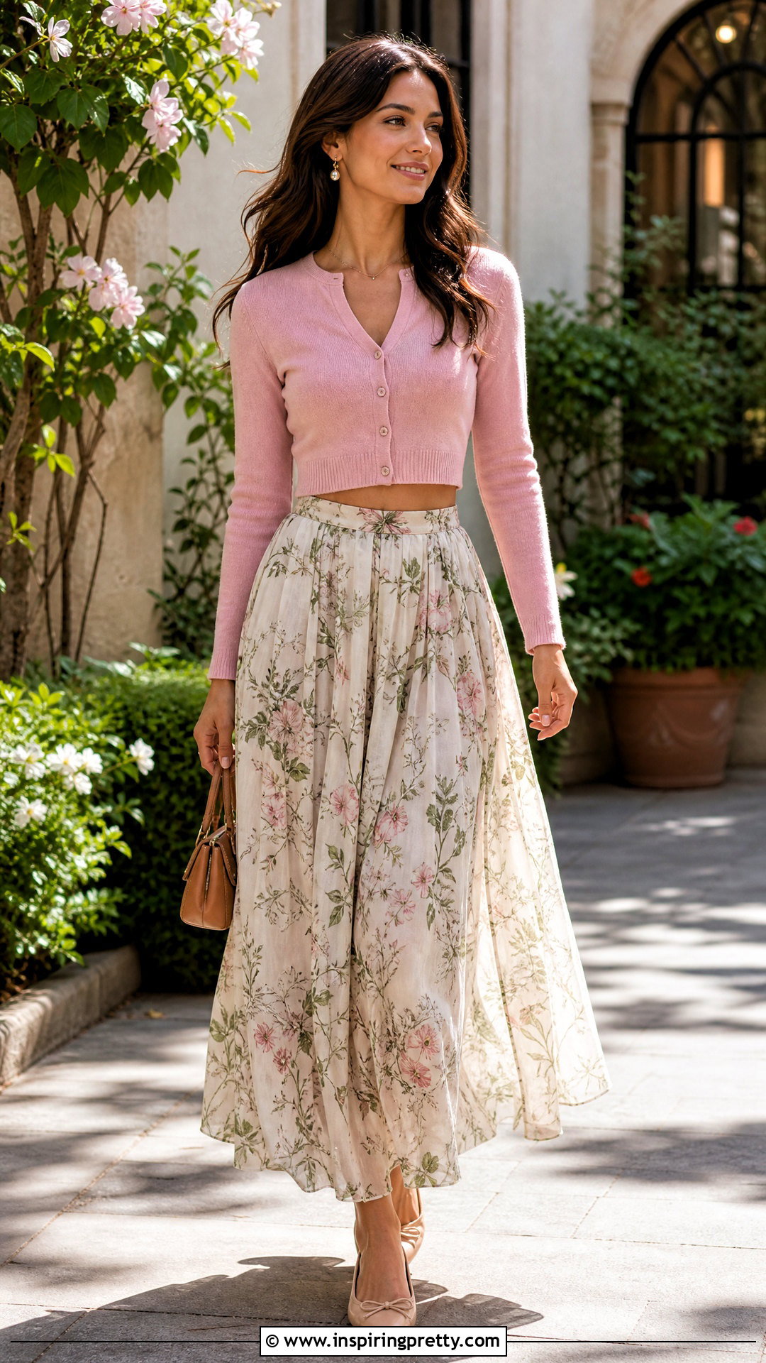 Floral Long Skirt With Cropped Cardigan - 50 long skirt and top outfit ideas