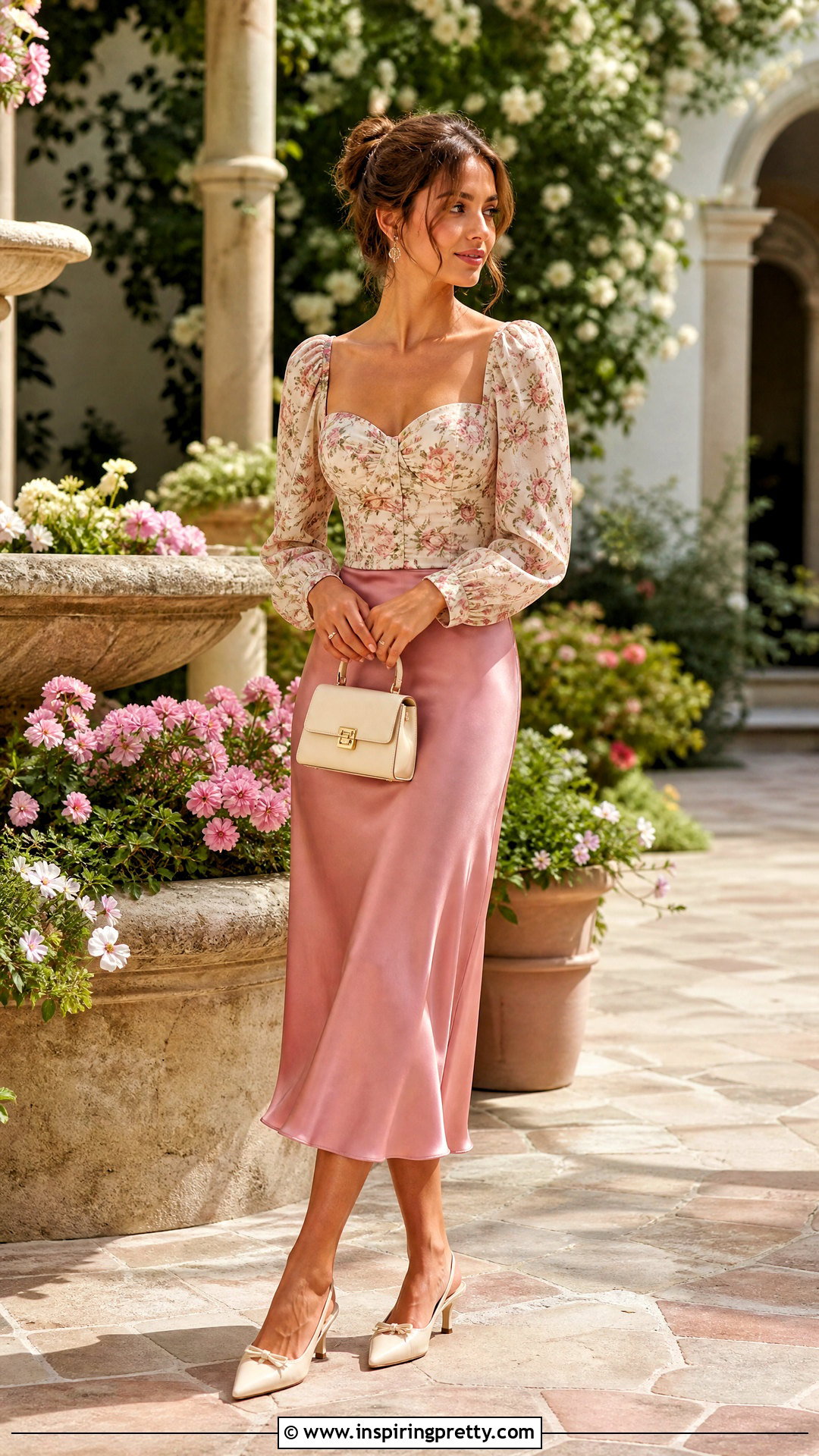 Floral Long Sleeve Bustier Top With A Slip Skirt - 25 bustier top long sleeve outfit ideas