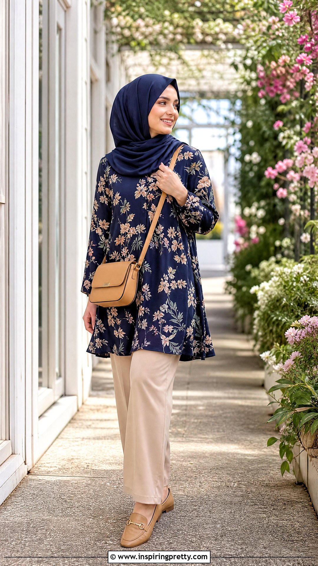 Floral Long Top With Neutral Trousers - 50 long tops designs for muslims