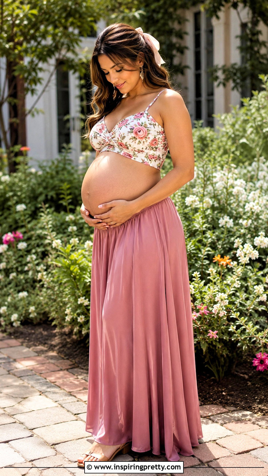 Floral Maternity Crop Top And Solid Maxi Skirt Photoshoot - 25 maternity crop top photoshoot ideas