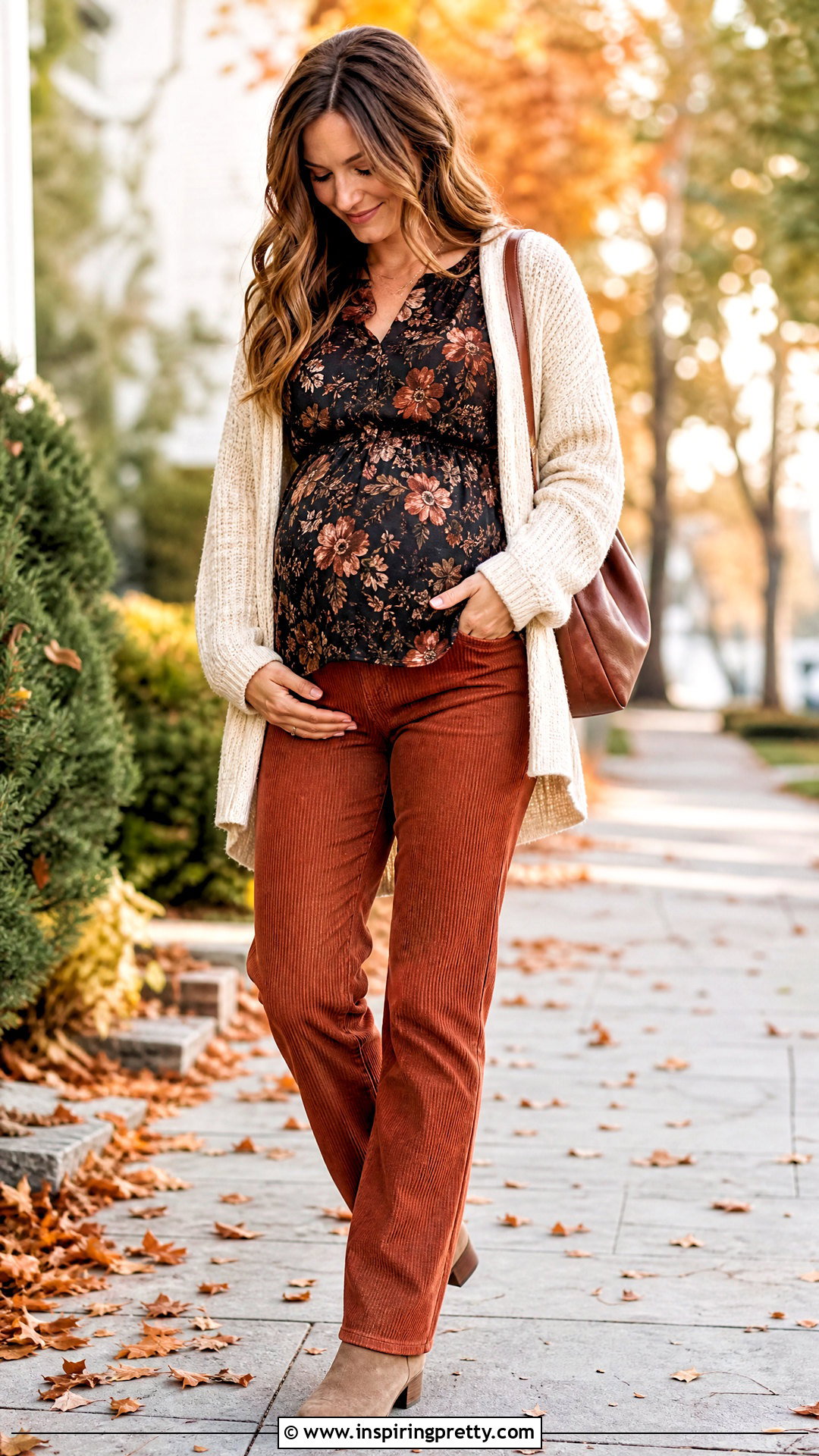 Floral Maternity Top With Corduroy Pants - 20 floral maternity top outfit ideas