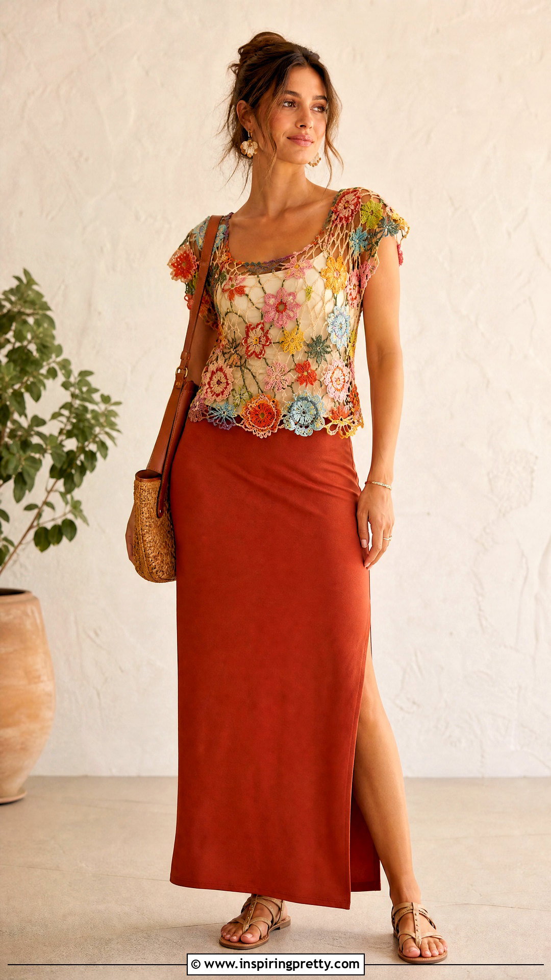 Floral Mesh Crochet Top With Solid Maxi Skirt - 50 mesh crochet top outfit ideas