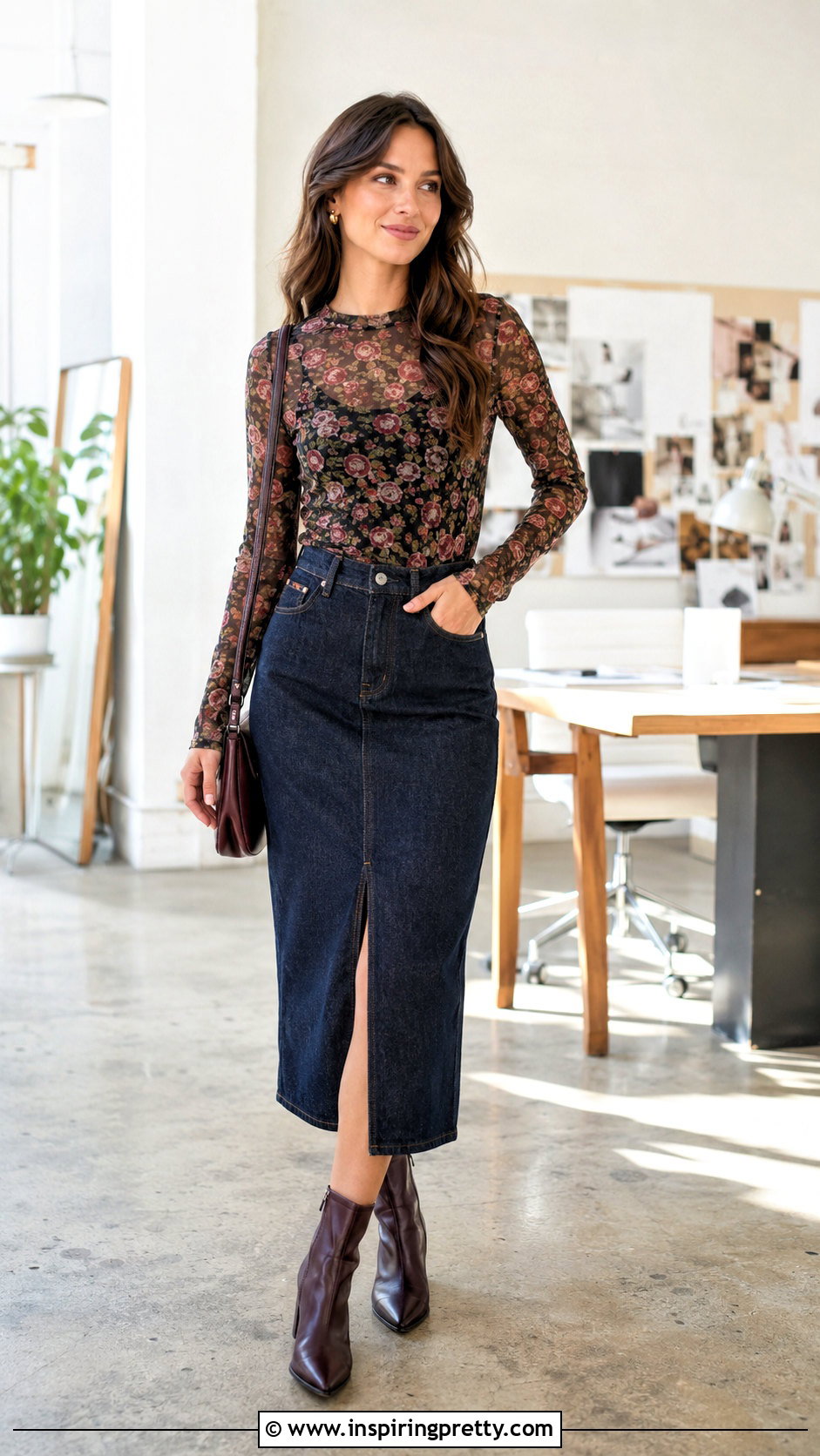 Floral Mesh Long Sleeve Top With Denim Midi Skirt - 25 Fashion Nova Long Sleeve Tops outfit ideas